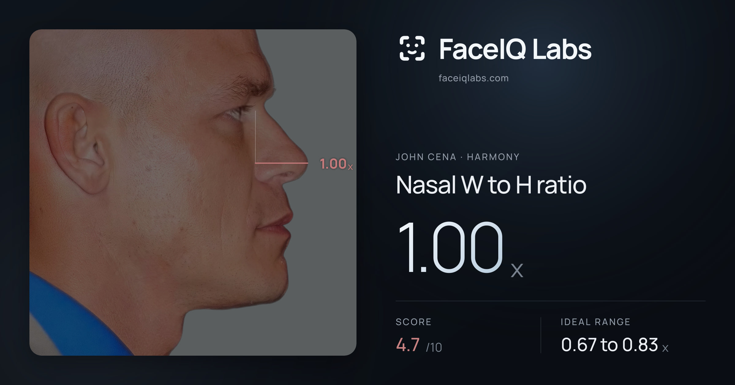 John Cena Nasal W to H ratio: 1.00x, drawn on the photo