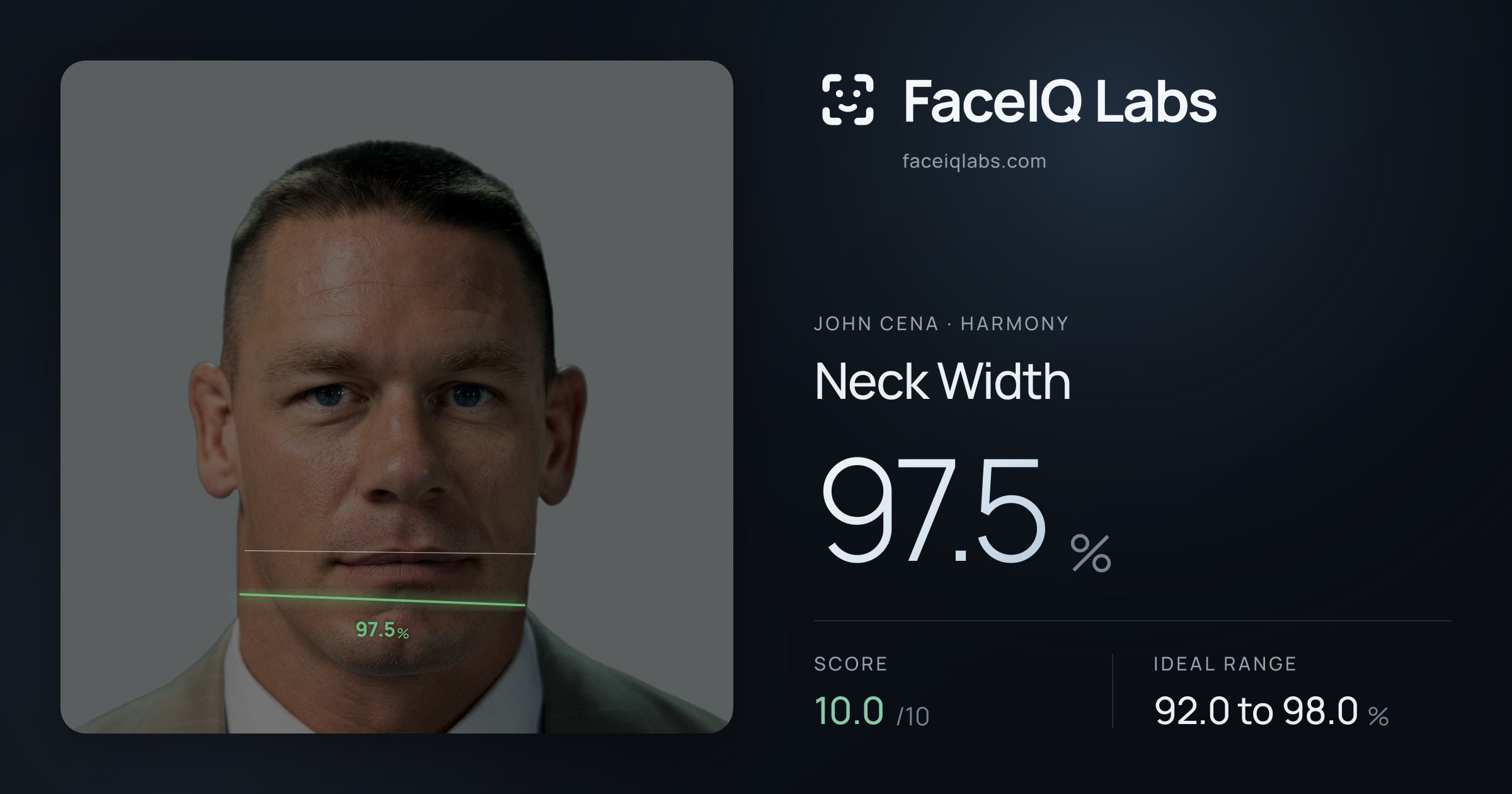 John Cena Neck Width: 97.5%, drawn on the photo