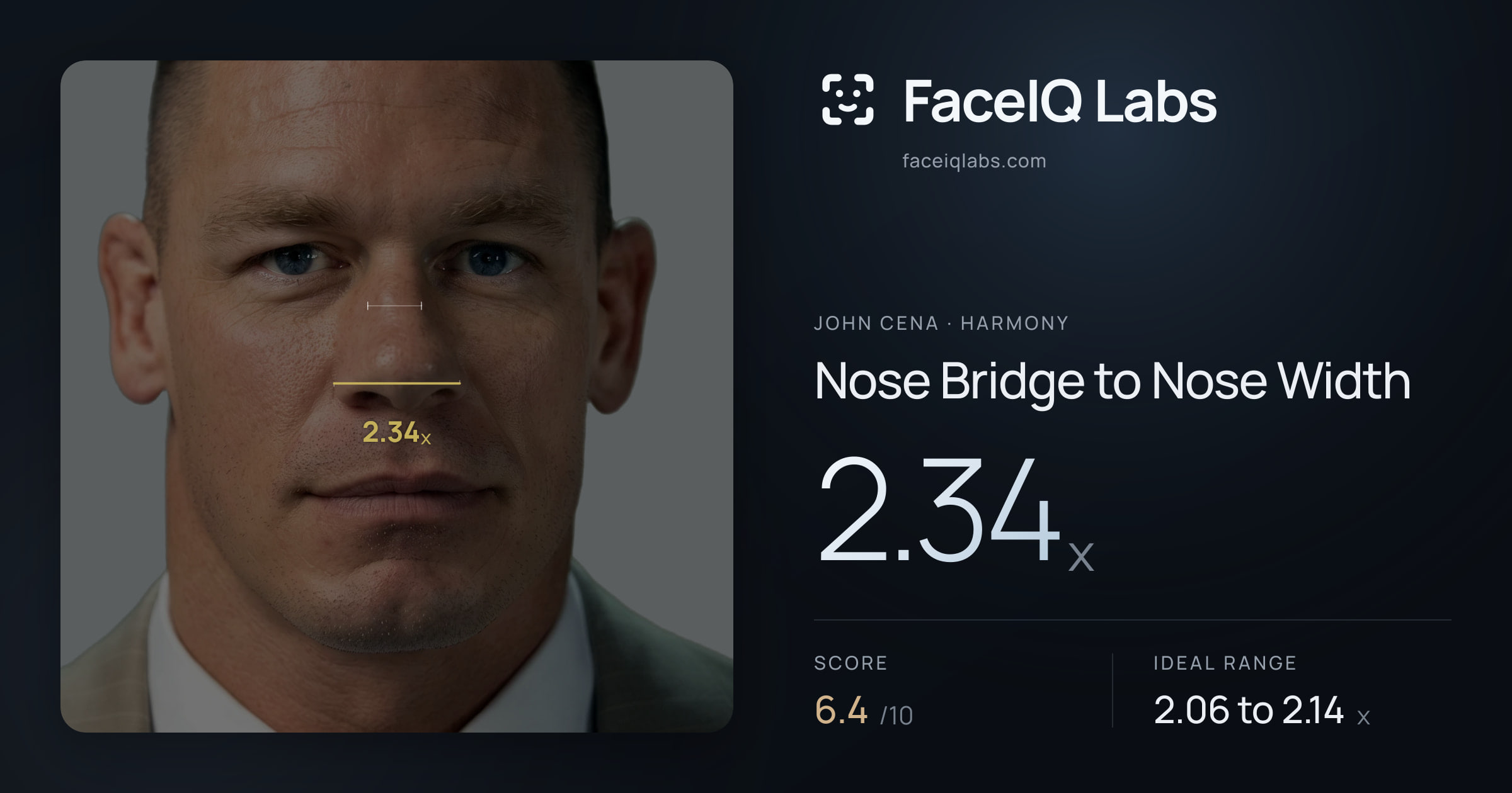 John Cena Nose Bridge to Nose Width: 2.34x, drawn on the photo