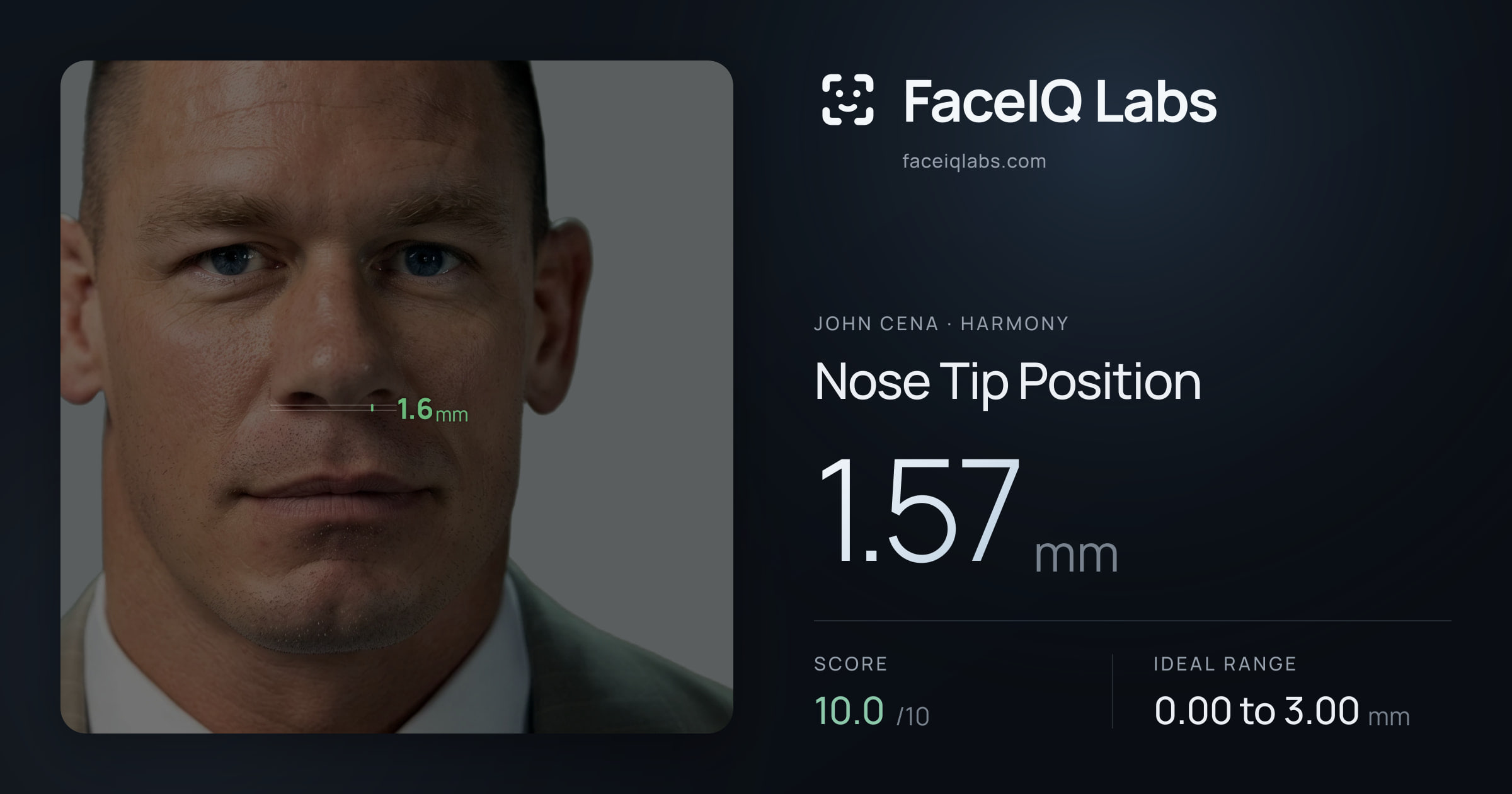 John Cena Nose Tip Position: 1.57mm, drawn on the photo
