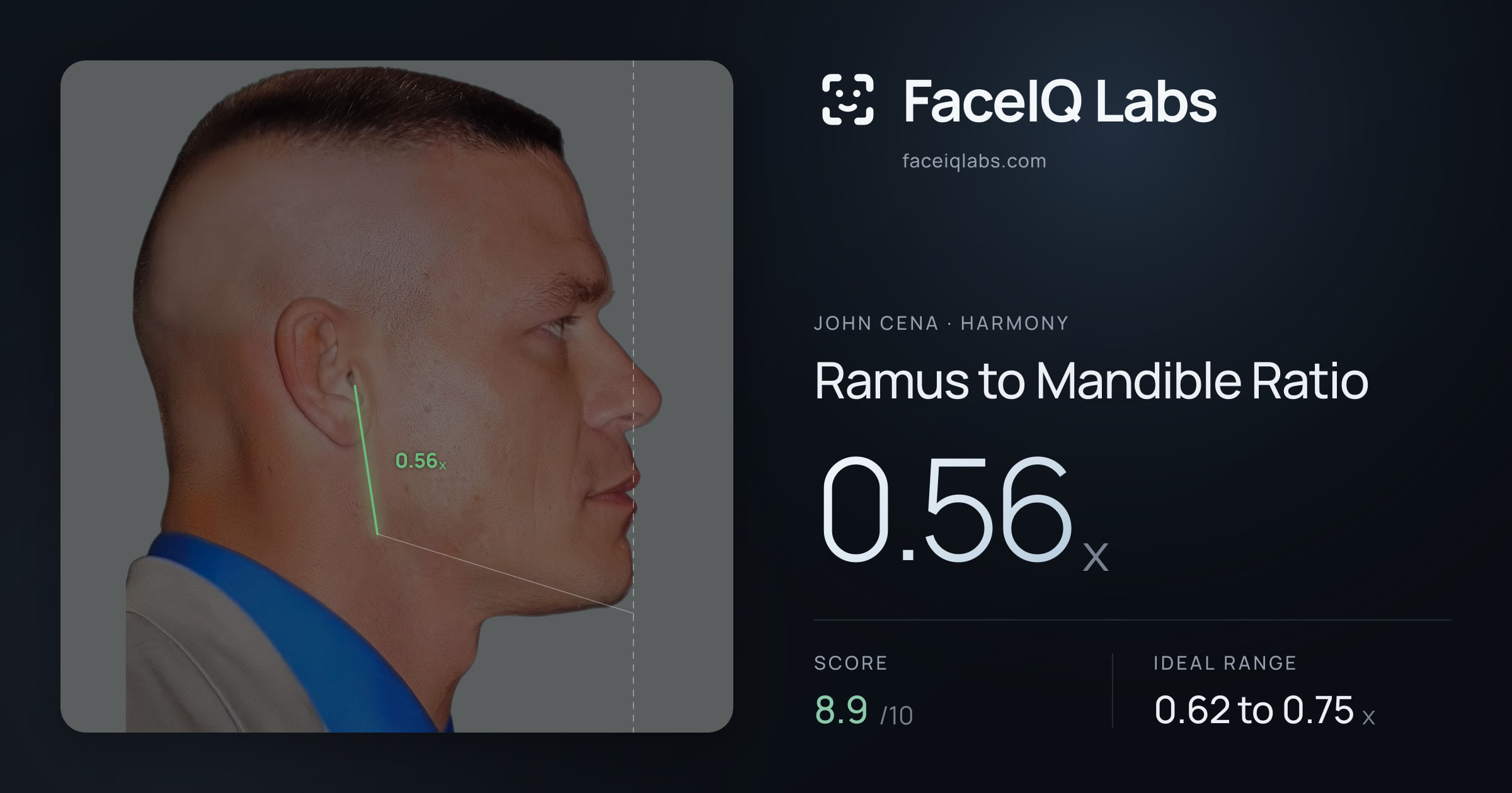 John Cena Ramus to Mandible Ratio: 0.56x, drawn on the photo