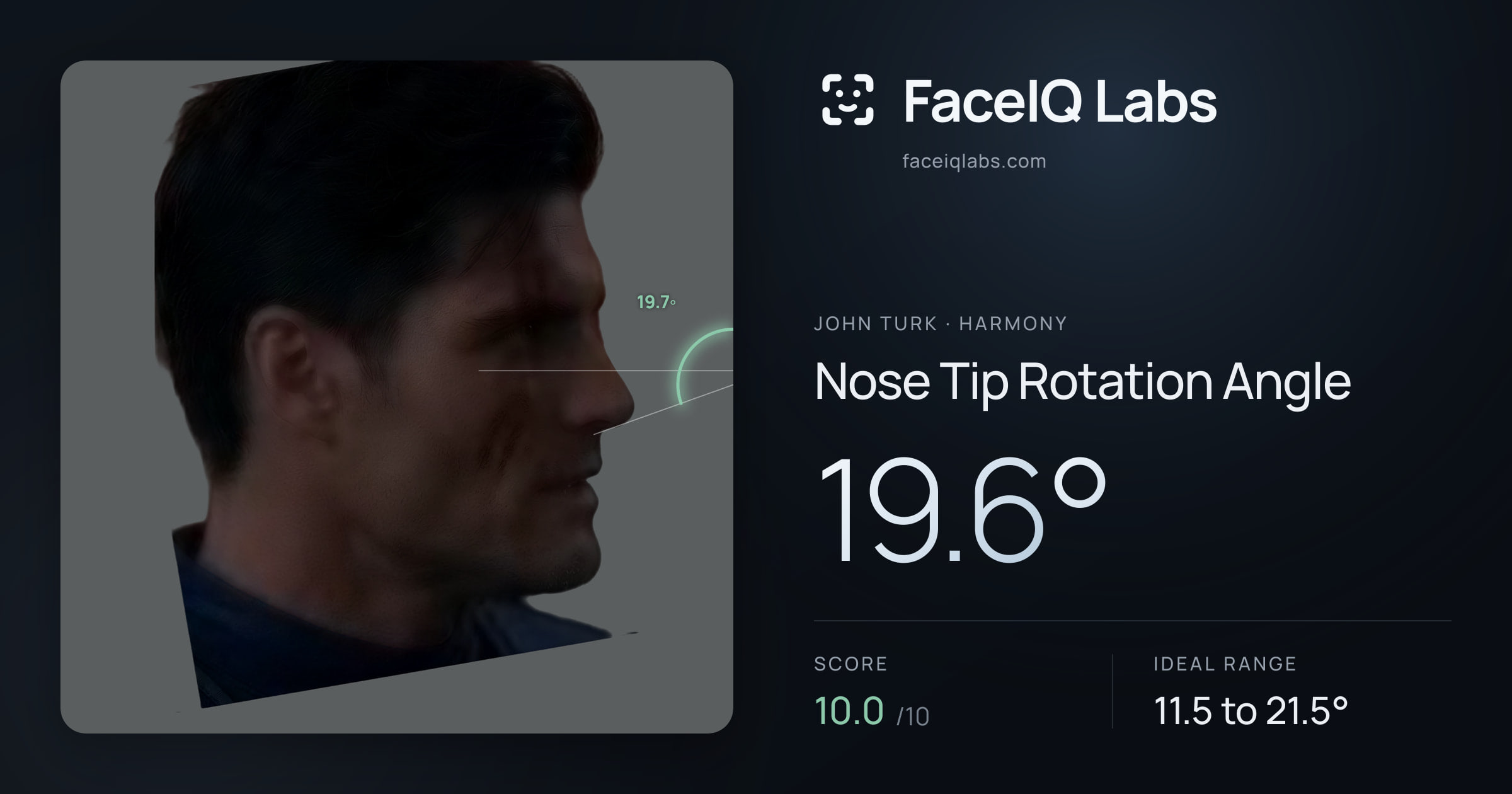 John Turk Nose Tip Rotation Angle: 19.6°, drawn on the photo