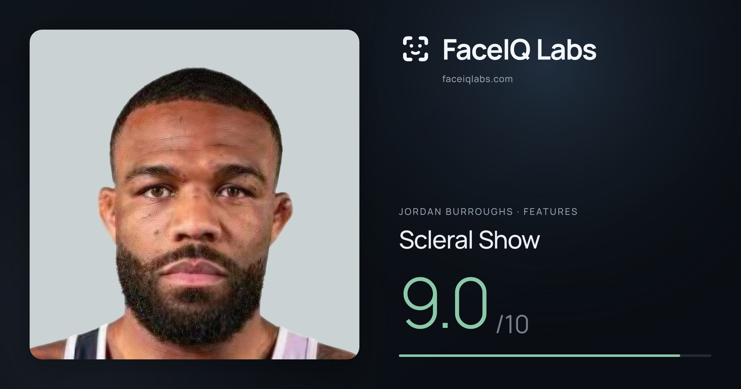 Jordan Burroughs Scleral Show: 9.0/10, drawn on the photo