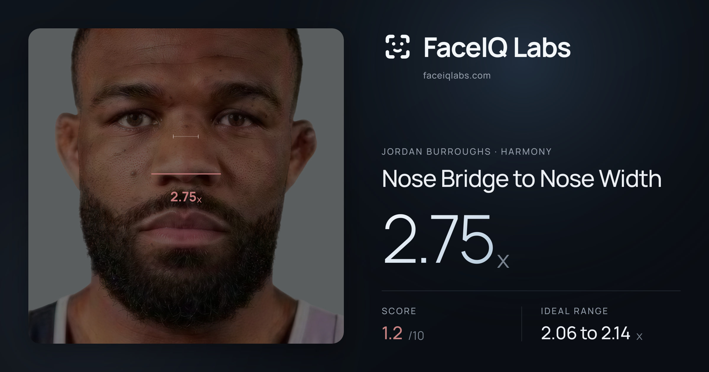 Jordan Burroughs Nose Bridge to Nose Width: 2.75x, drawn on the photo