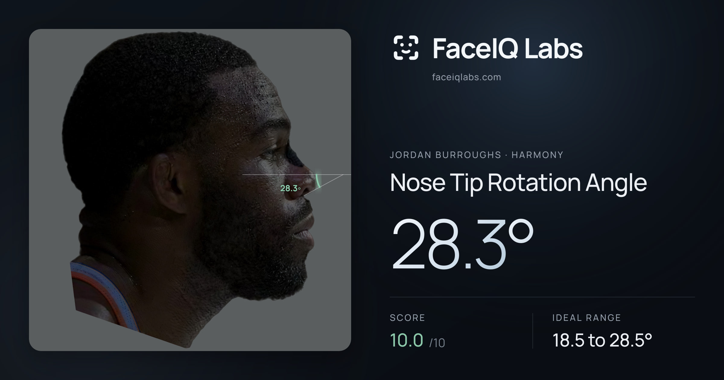 Jordan Burroughs Nose Tip Rotation Angle: 28.3°, drawn on the photo
