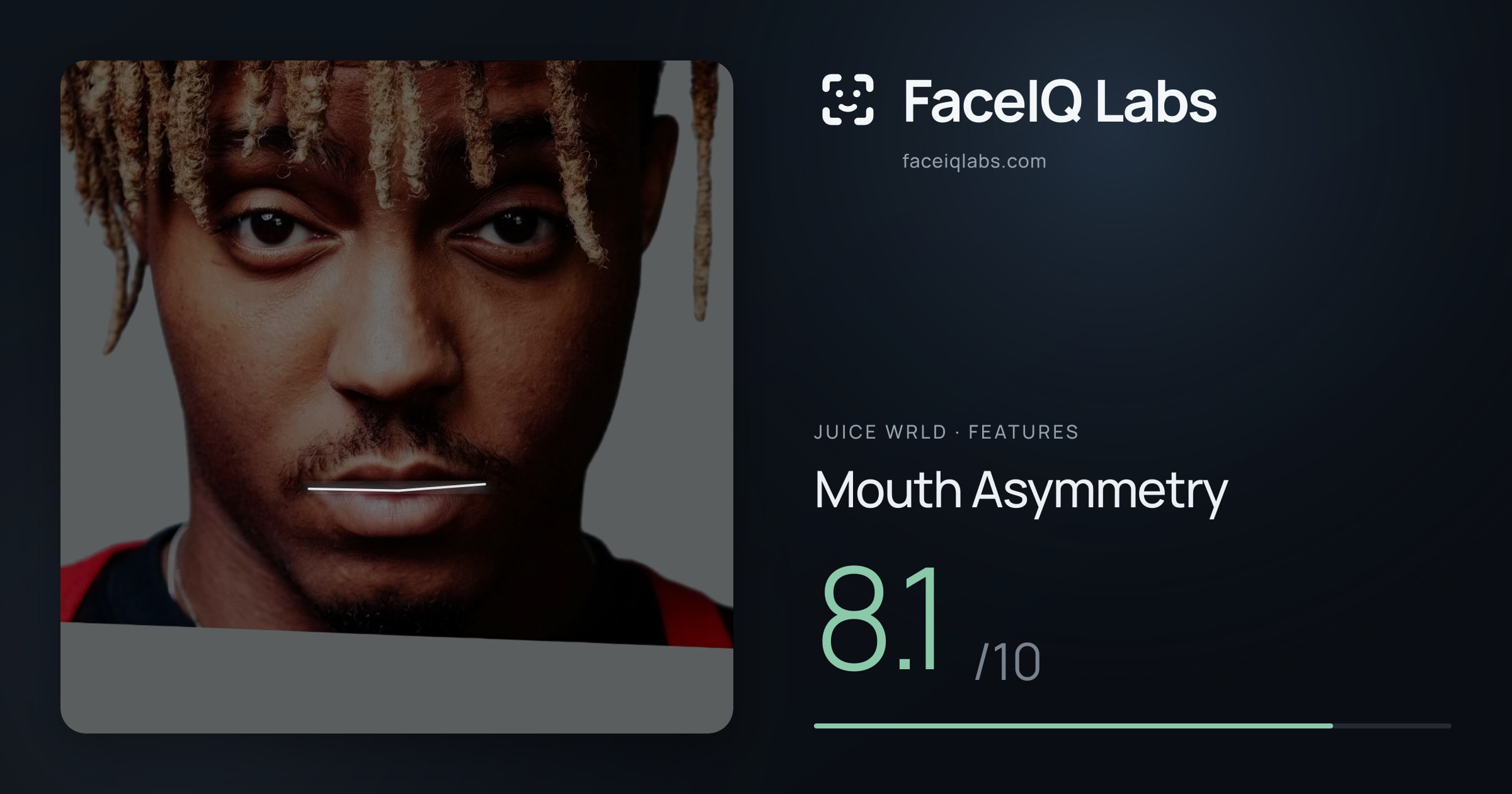 Juice WRLD Mouth Asymmetry: 8.1/10, drawn on the photo