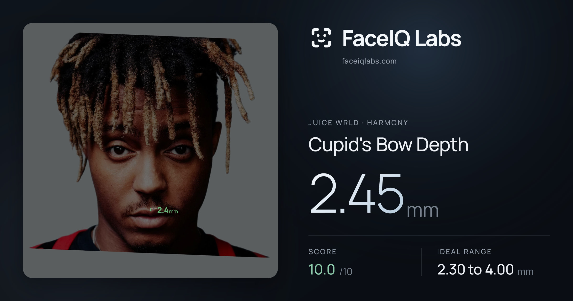 Juice WRLD Cupid's Bow Depth: 2.45mm, drawn on the photo