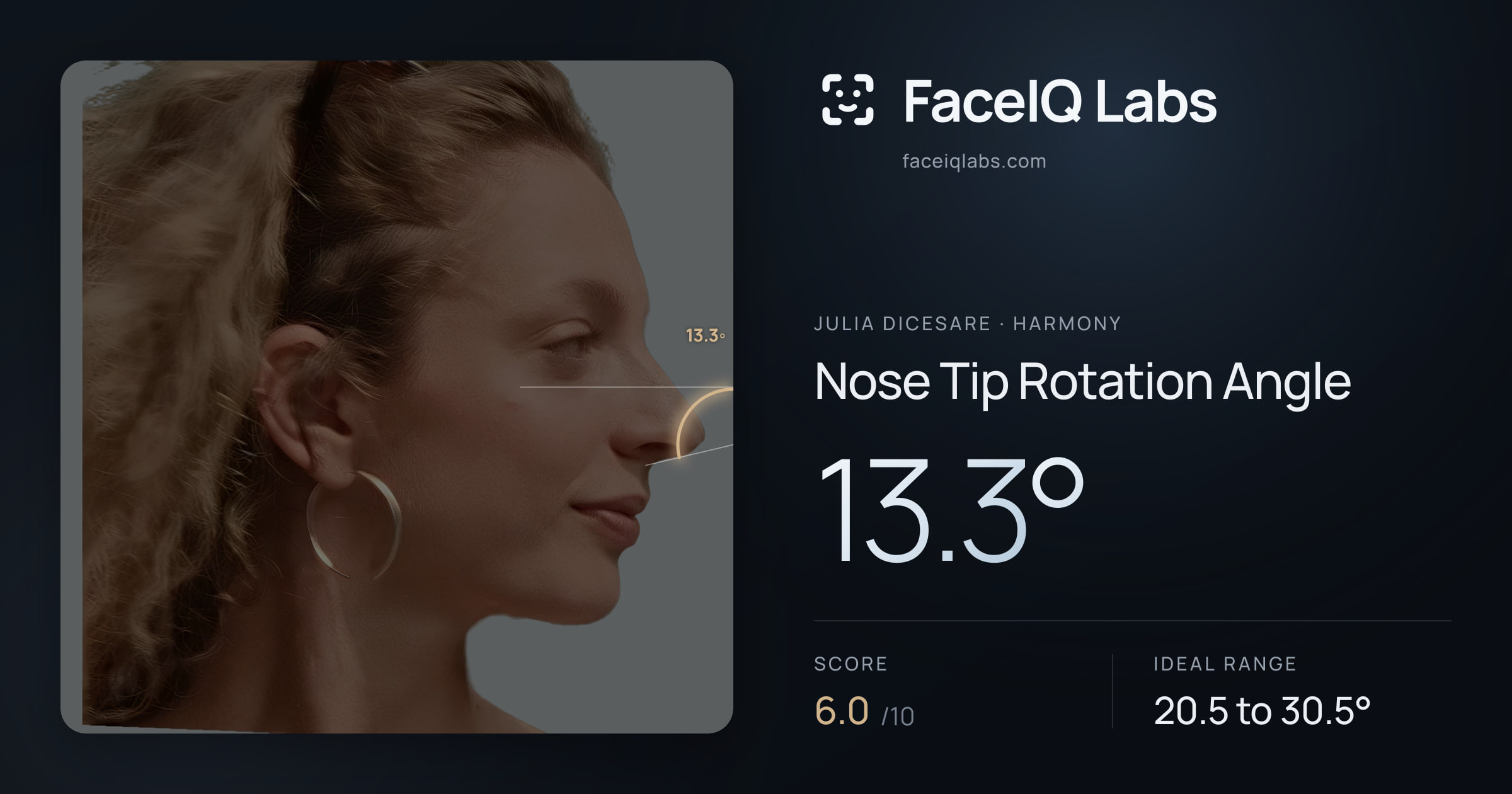 Julia DiCesare Nose Tip Rotation Angle: 13.3°, drawn on the photo