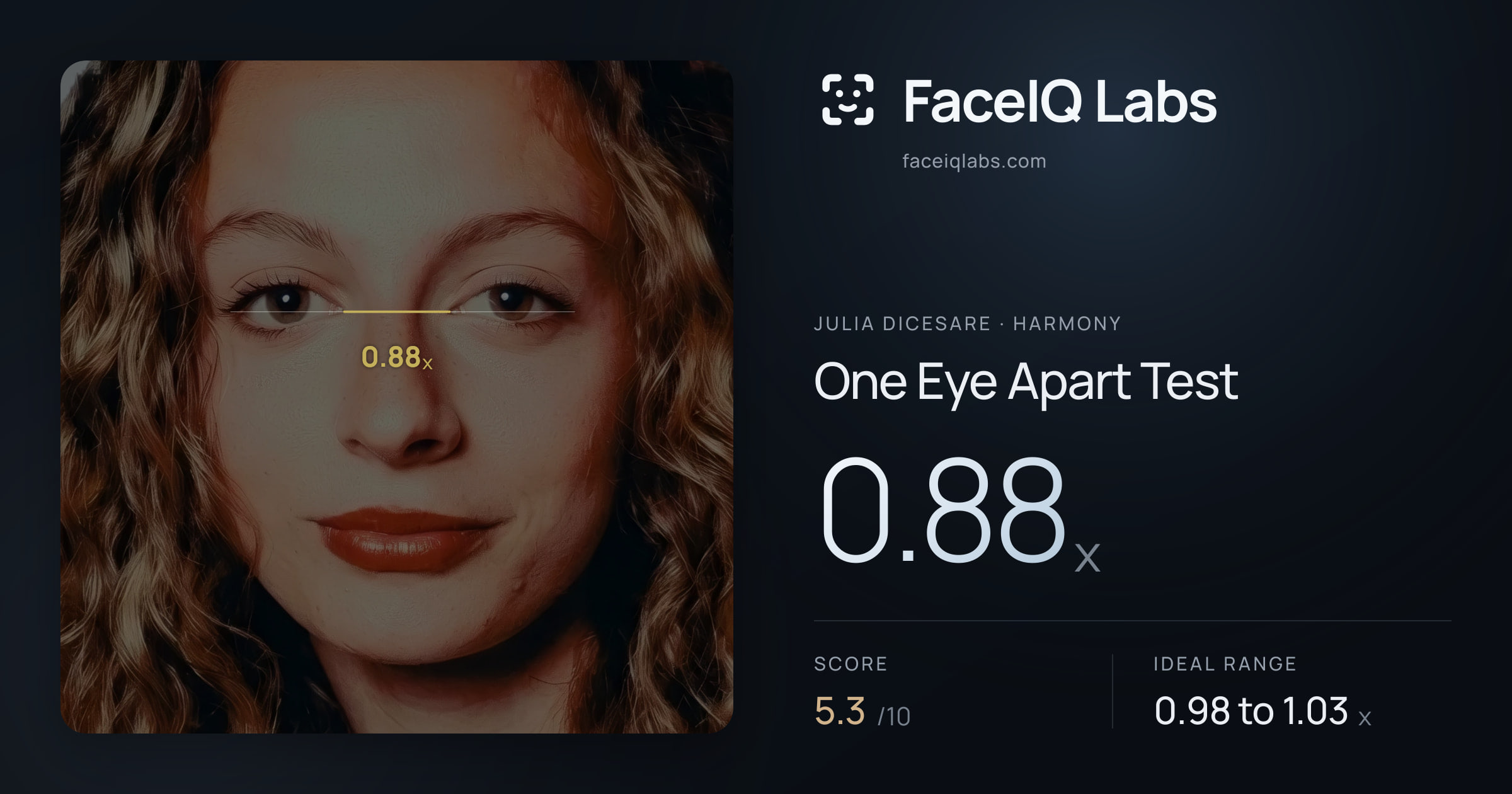 Julia DiCesare One Eye Apart Test: 0.88x, drawn on the photo