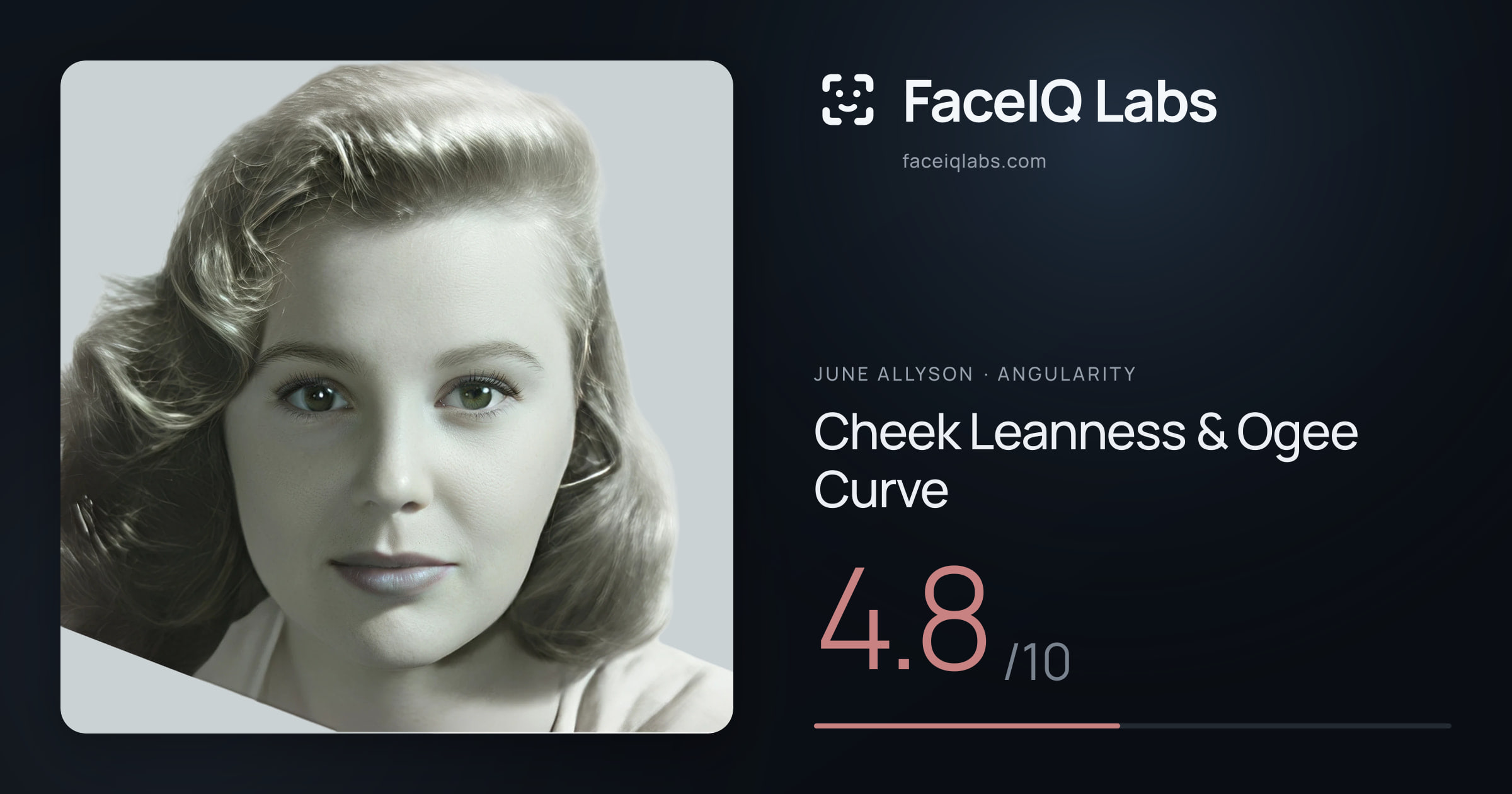 June Allyson Cheek Leanness & Ogee Curve: 4.8/10, drawn on the photo