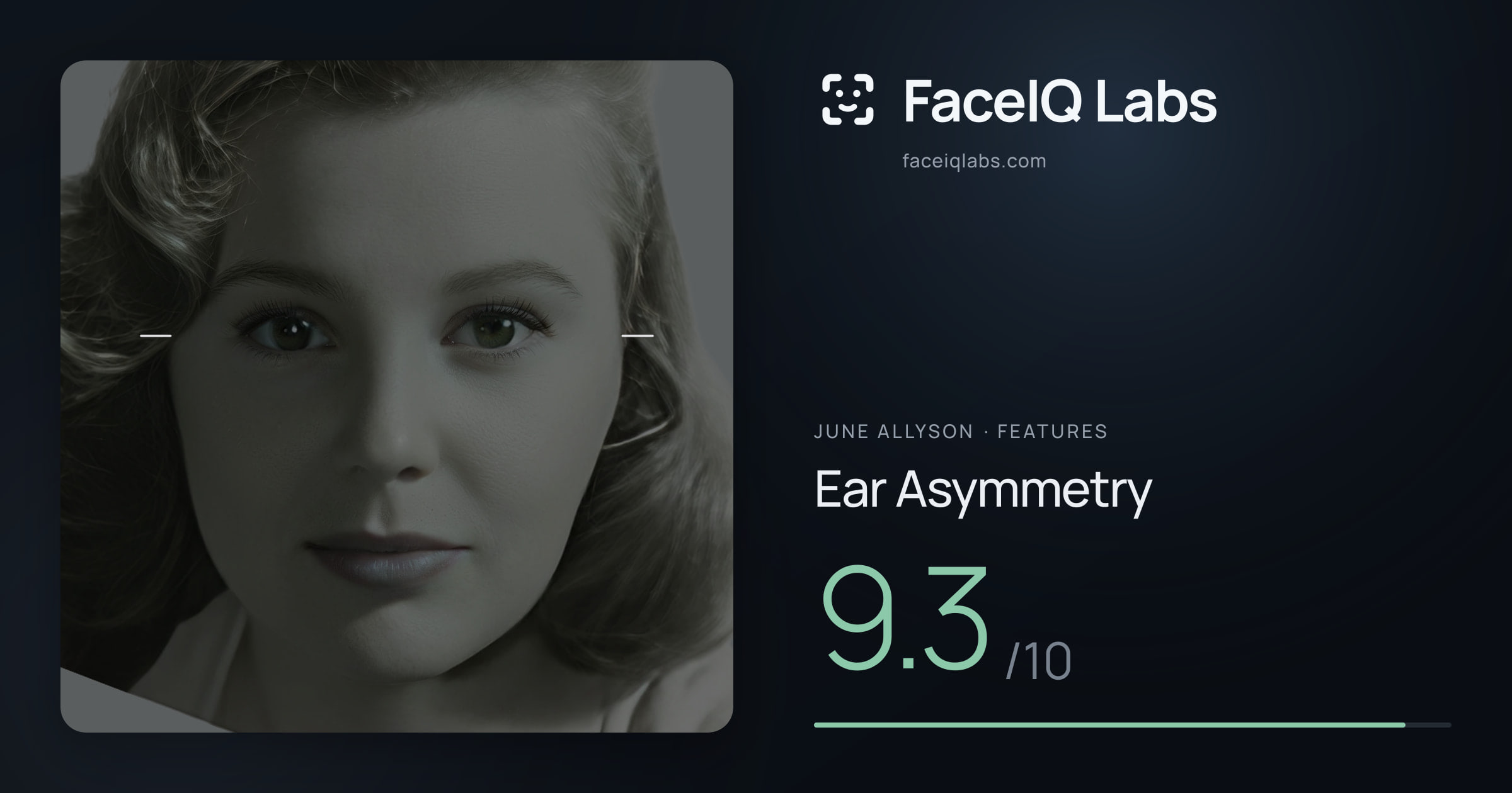 June Allyson Ear Asymmetry: 9.3/10, drawn on the photo