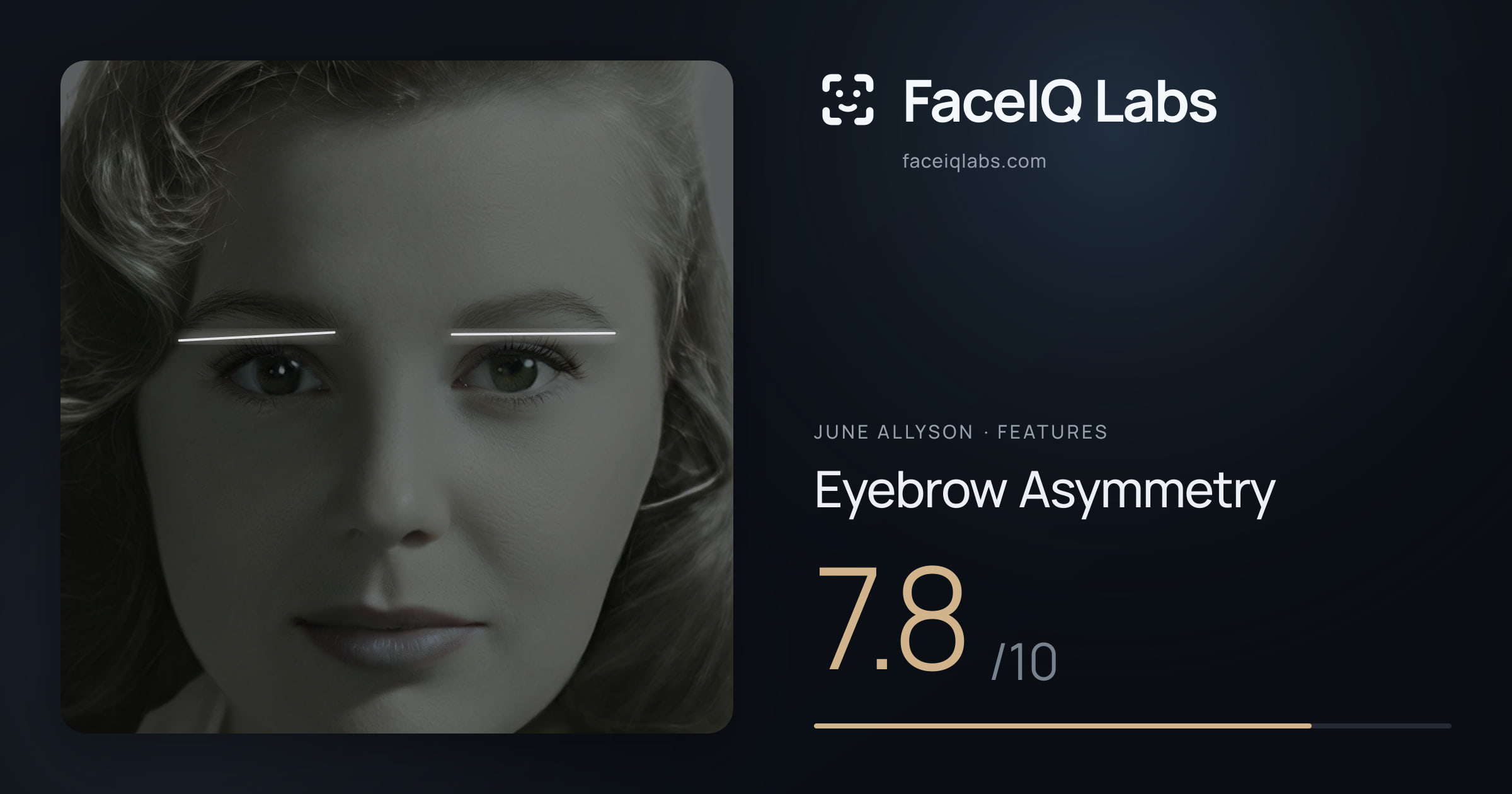June Allyson Eyebrow Asymmetry: 7.8/10, drawn on the photo