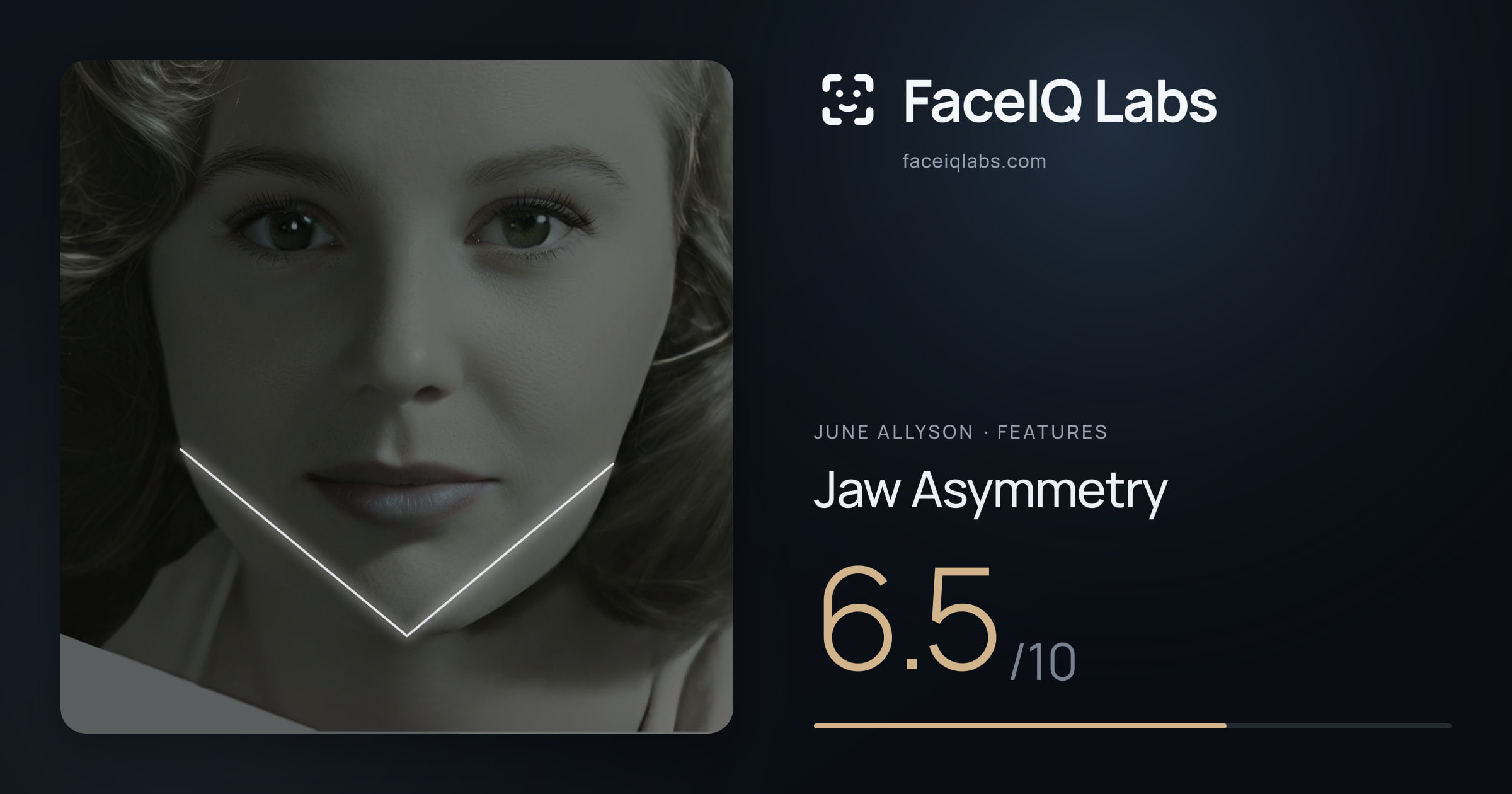 June Allyson Jaw Asymmetry: 6.5/10, drawn on the photo