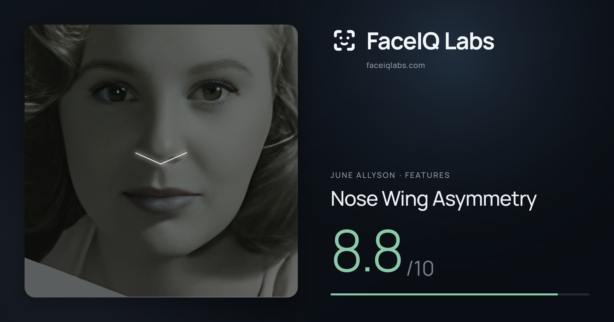June Allyson Nose Wing Asymmetry: 8.8/10, drawn on the photo