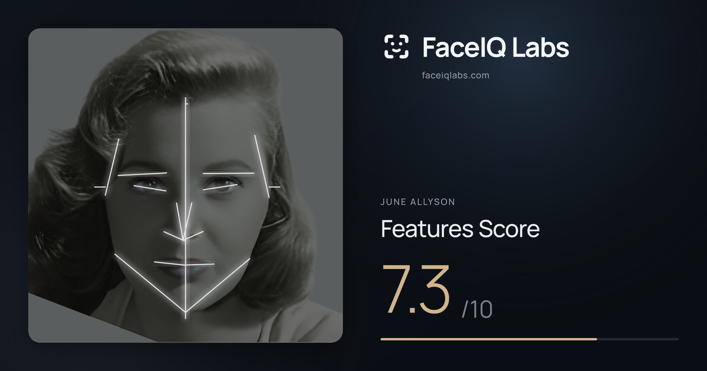 June Allyson Features: 7.3/10, with each assessment drawn on the photo