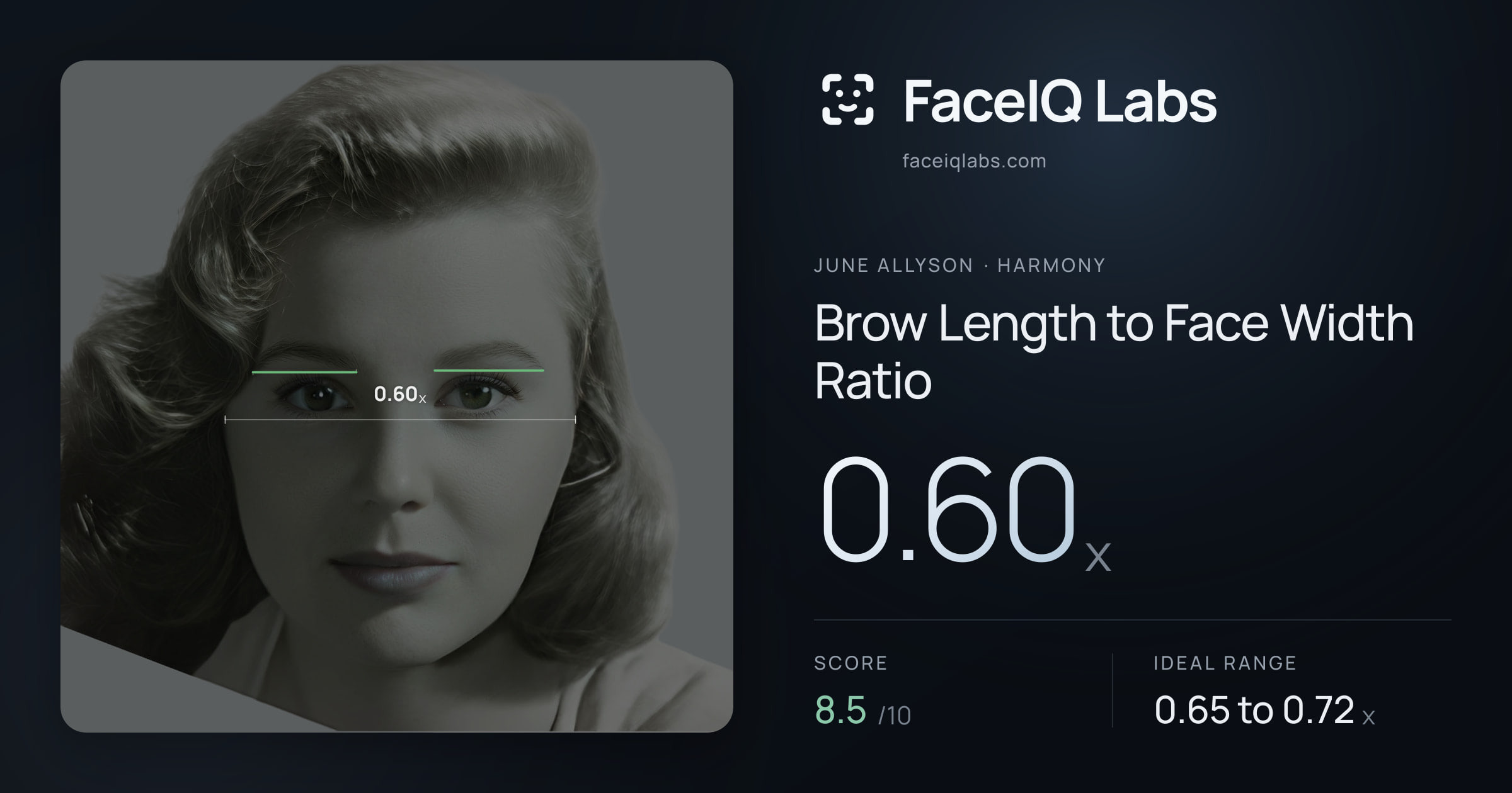 June Allyson Brow Length to Face Width Ratio: 0.60x, drawn on the photo