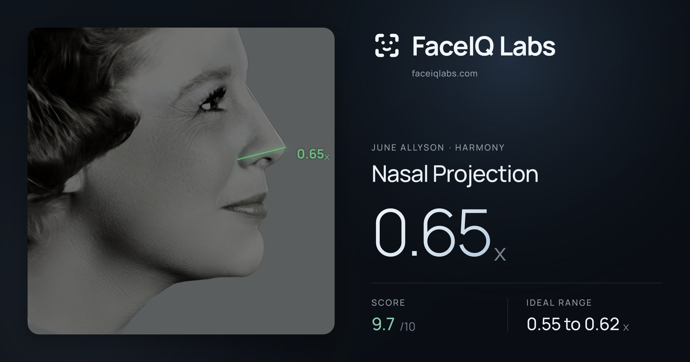 June Allyson Nasal Projection: 0.65x, drawn on the photo