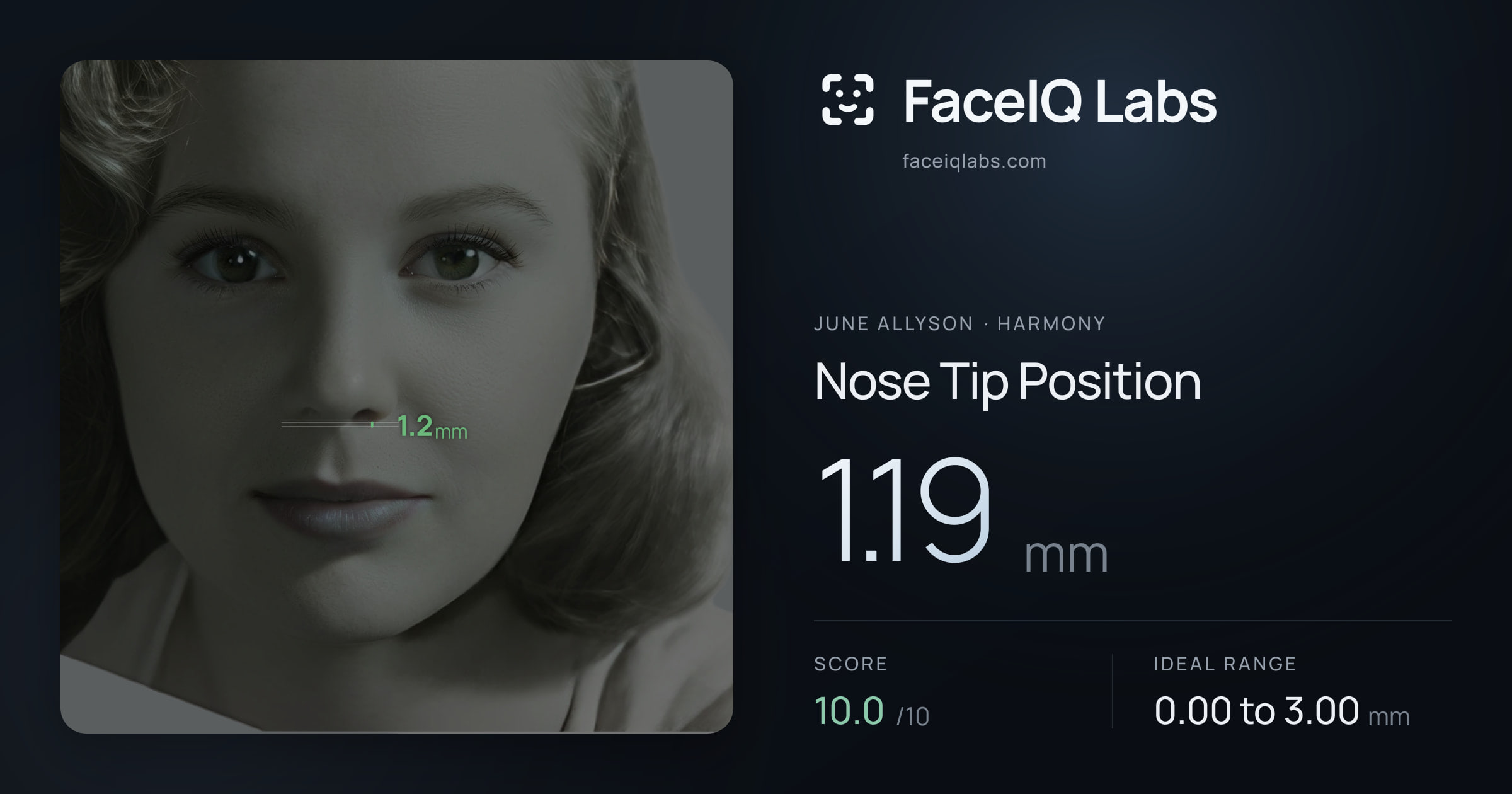 June Allyson Nose Tip Position: 1.19mm, drawn on the photo