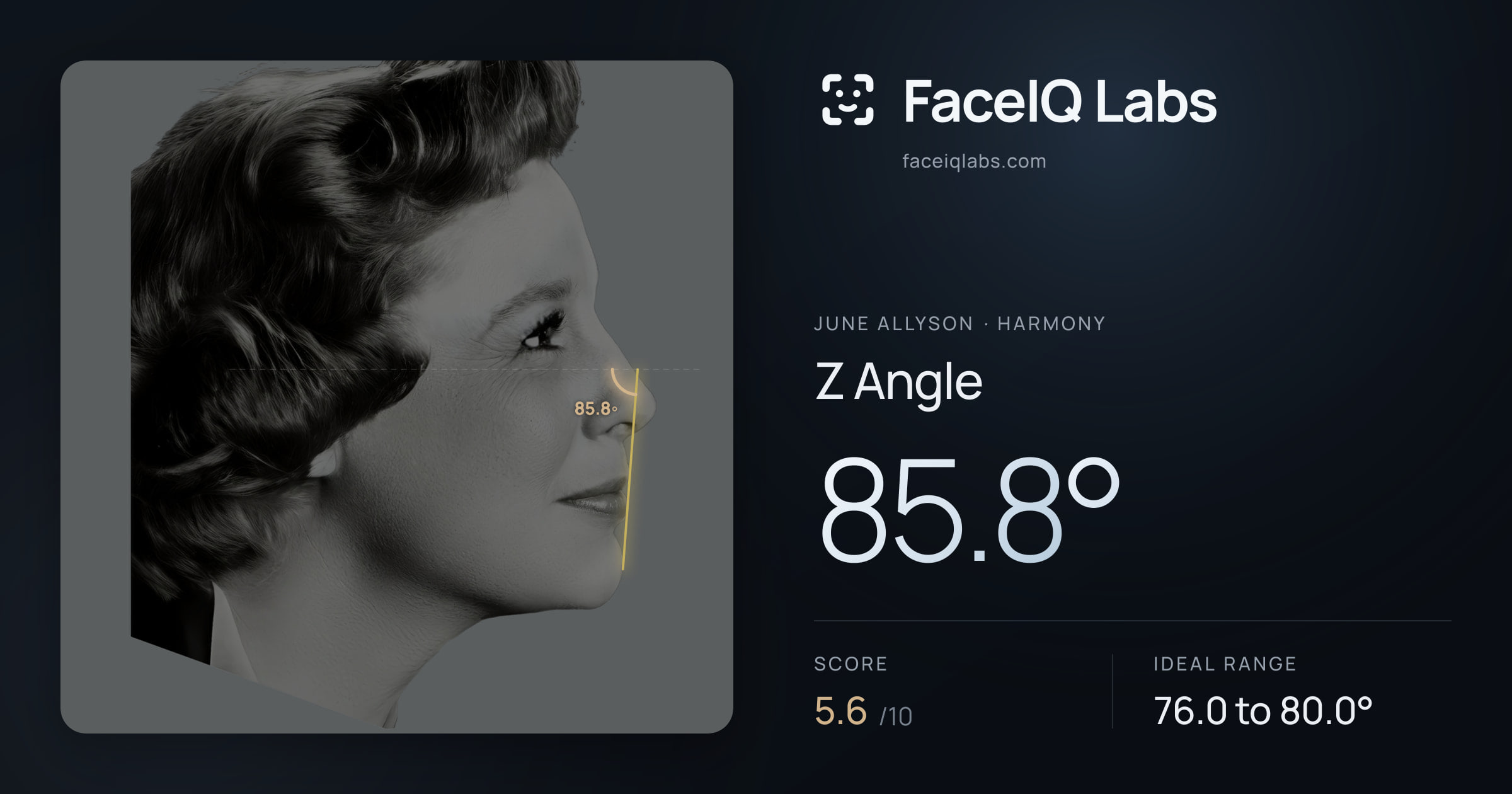 June Allyson Z Angle: 85.8°, drawn on the photo