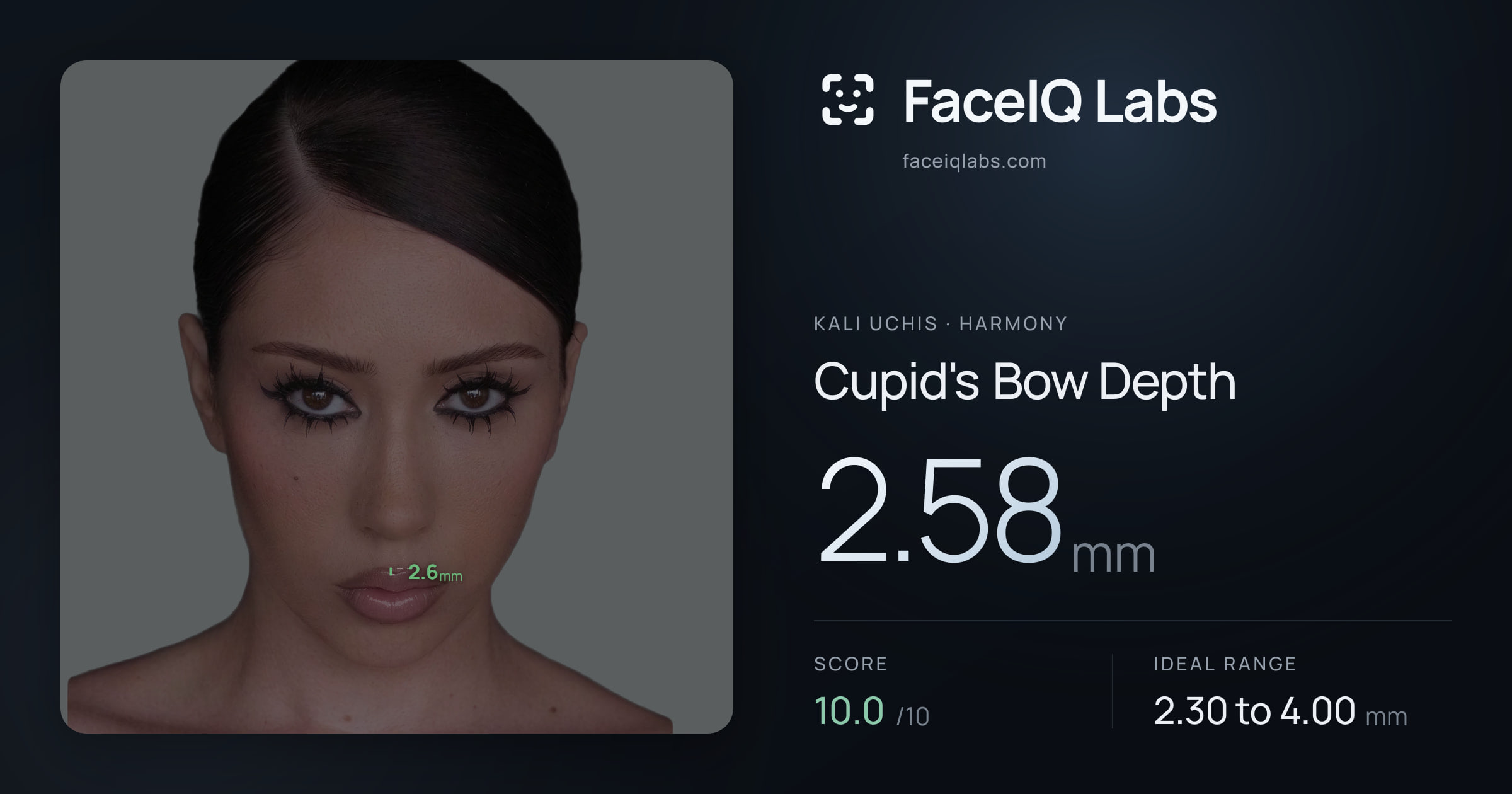 Kali Uchis Cupid's Bow Depth: 2.58mm, drawn on the photo