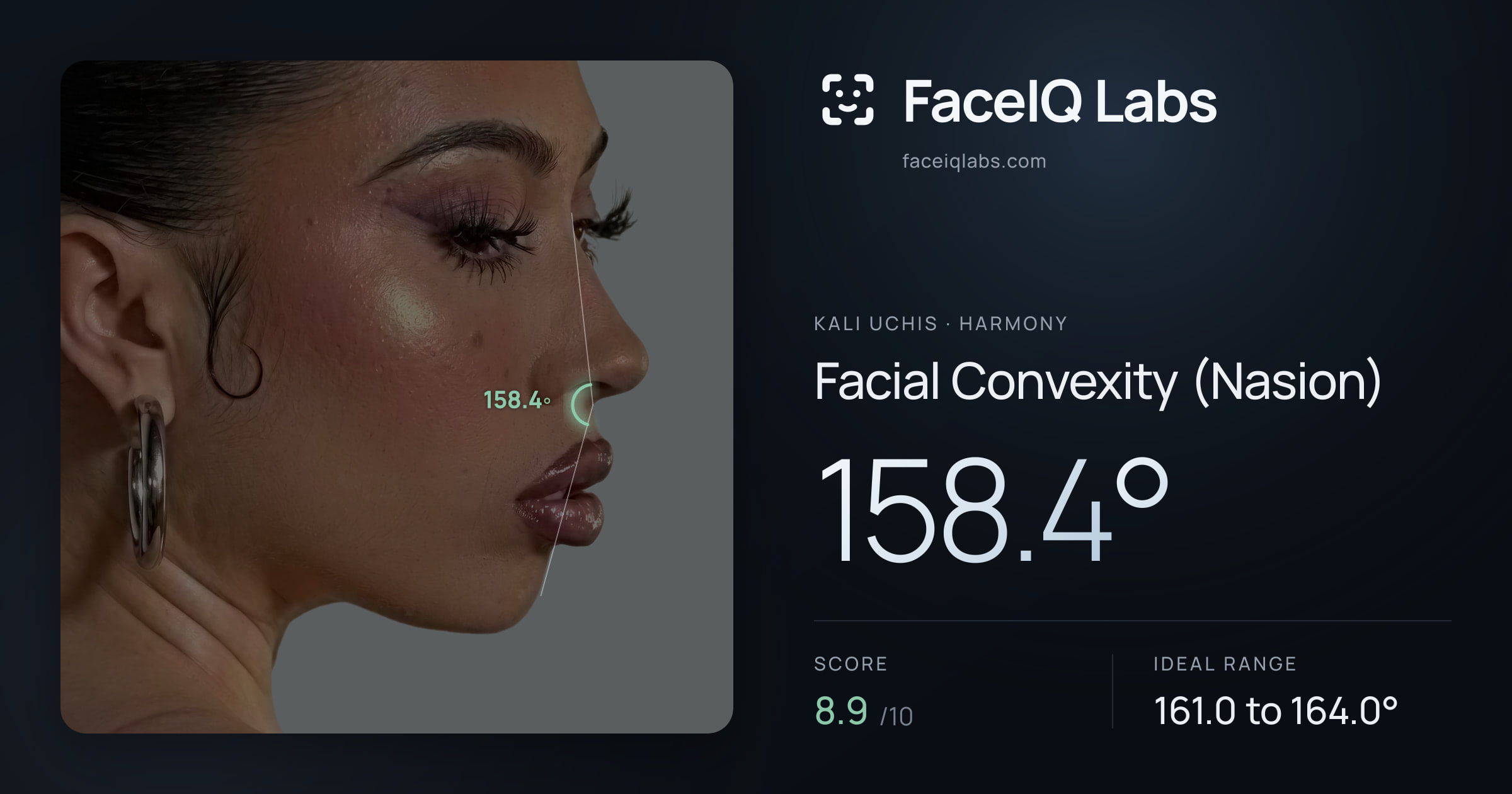 Kali Uchis Facial Convexity (Nasion): 158.4°, drawn on the photo