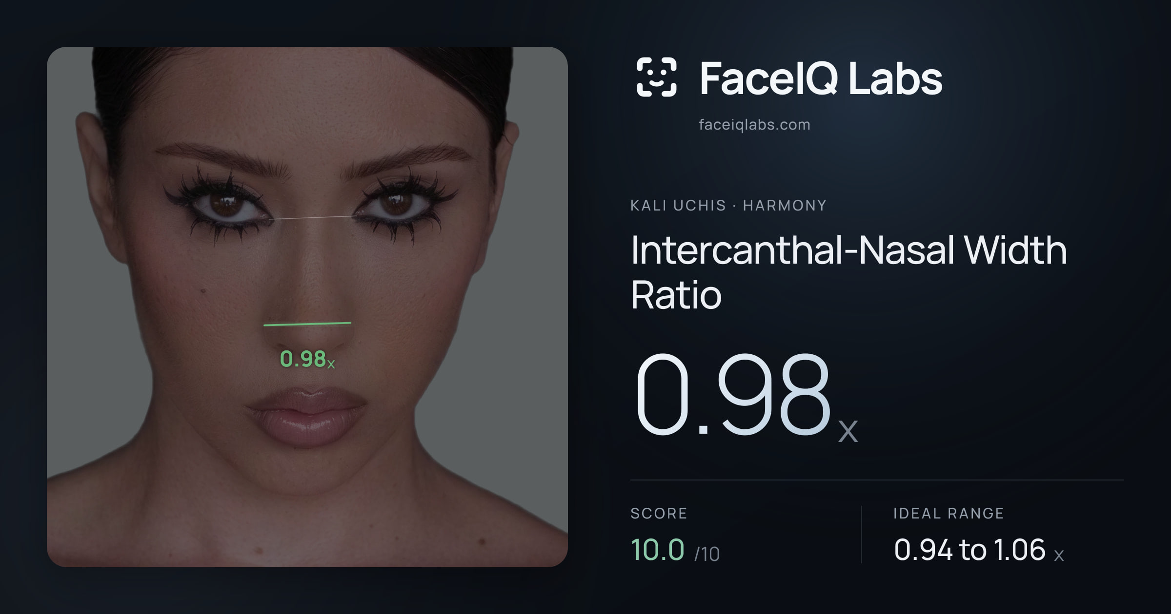 Kali Uchis Intercanthal-Nasal Width Ratio: 0.98x, drawn on the photo