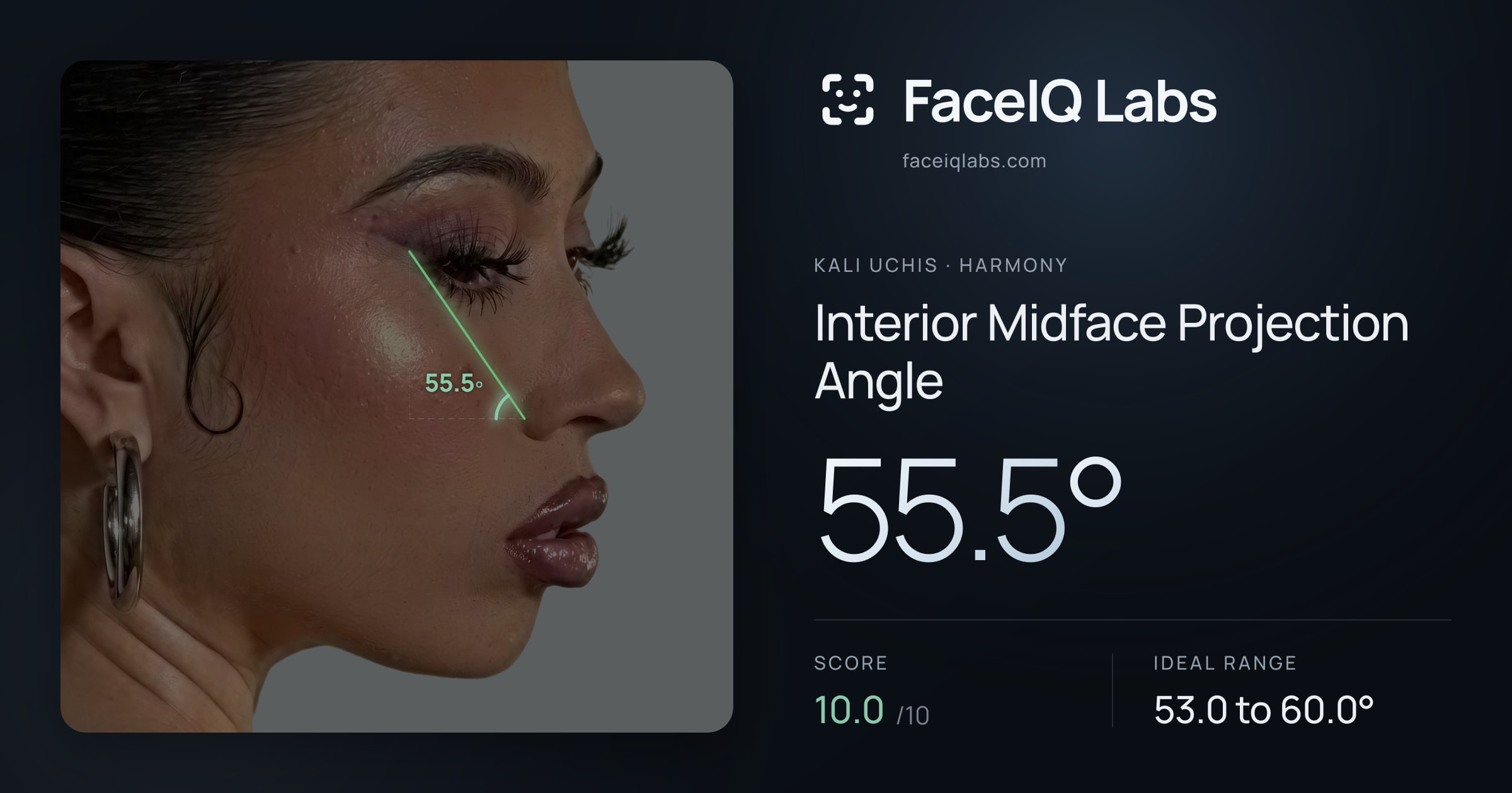 Kali Uchis Interior Midface Projection Angle: 55.5°, drawn on the photo