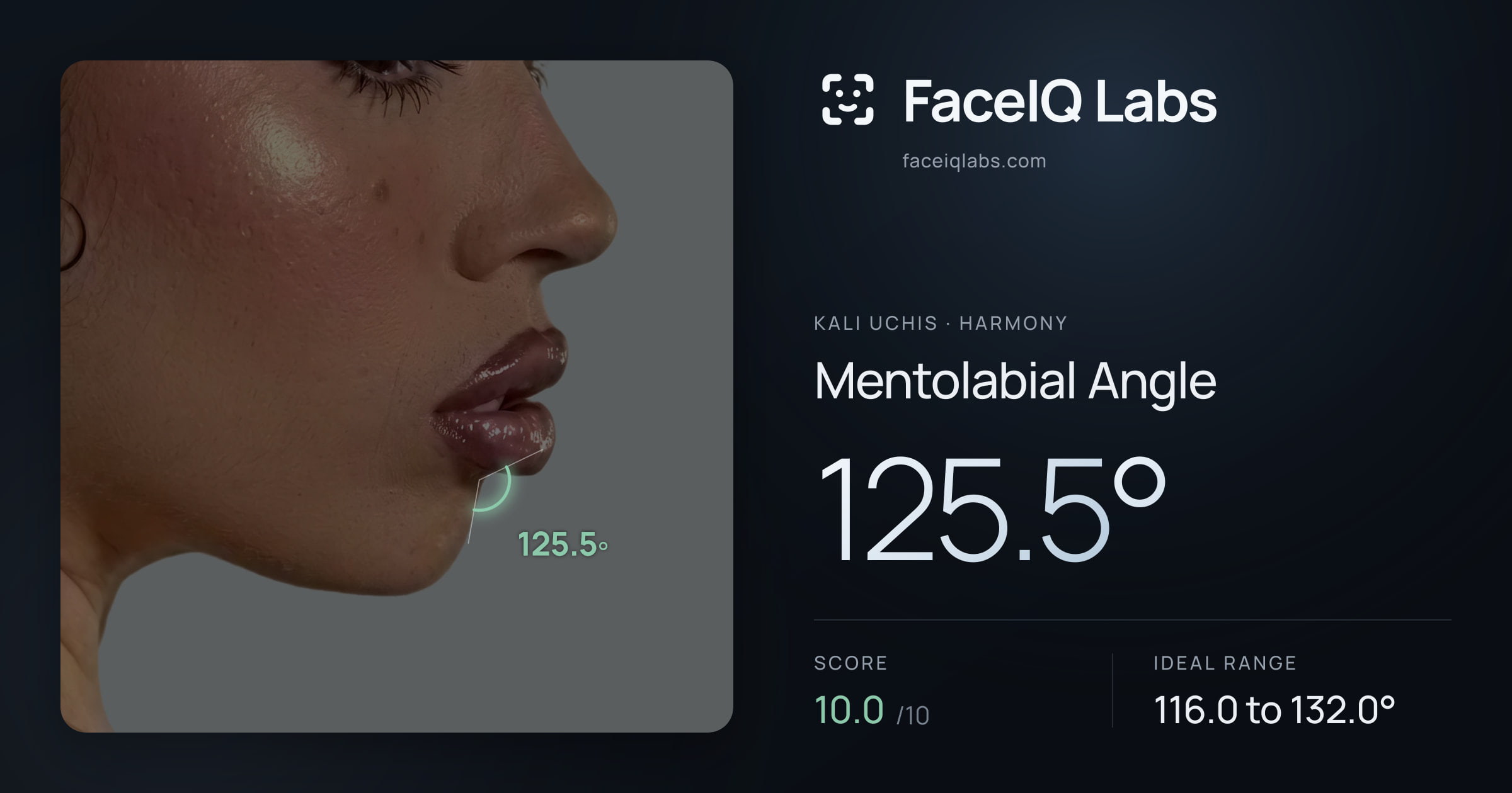 Kali Uchis Mentolabial Angle: 125.5°, drawn on the photo