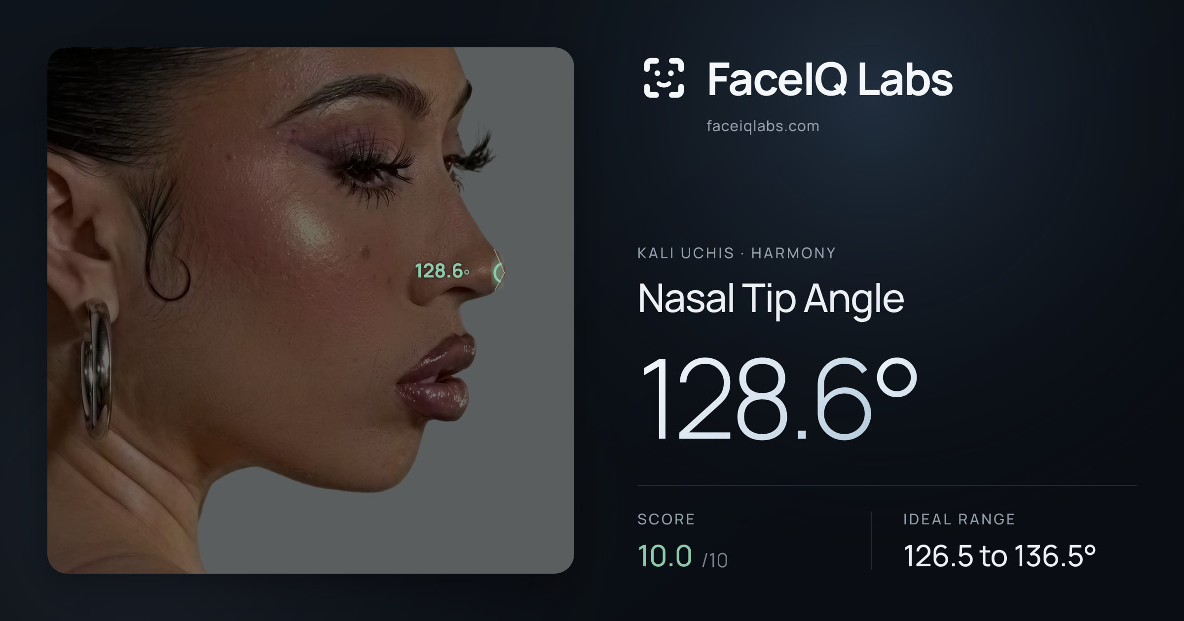 Kali Uchis Nasal Tip Angle: 128.6°, drawn on the photo