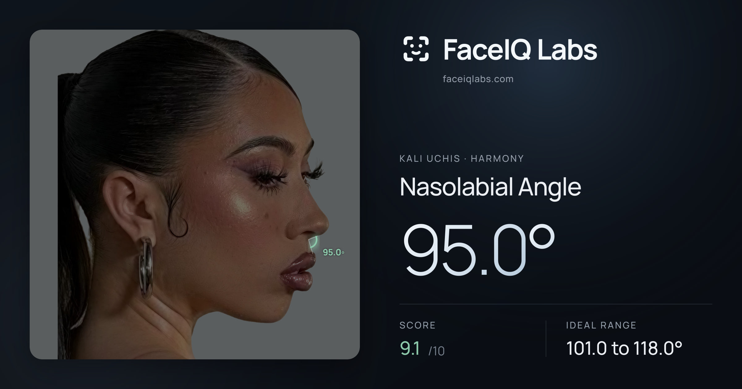 Kali Uchis Nasolabial Angle: 95.0°, drawn on the photo