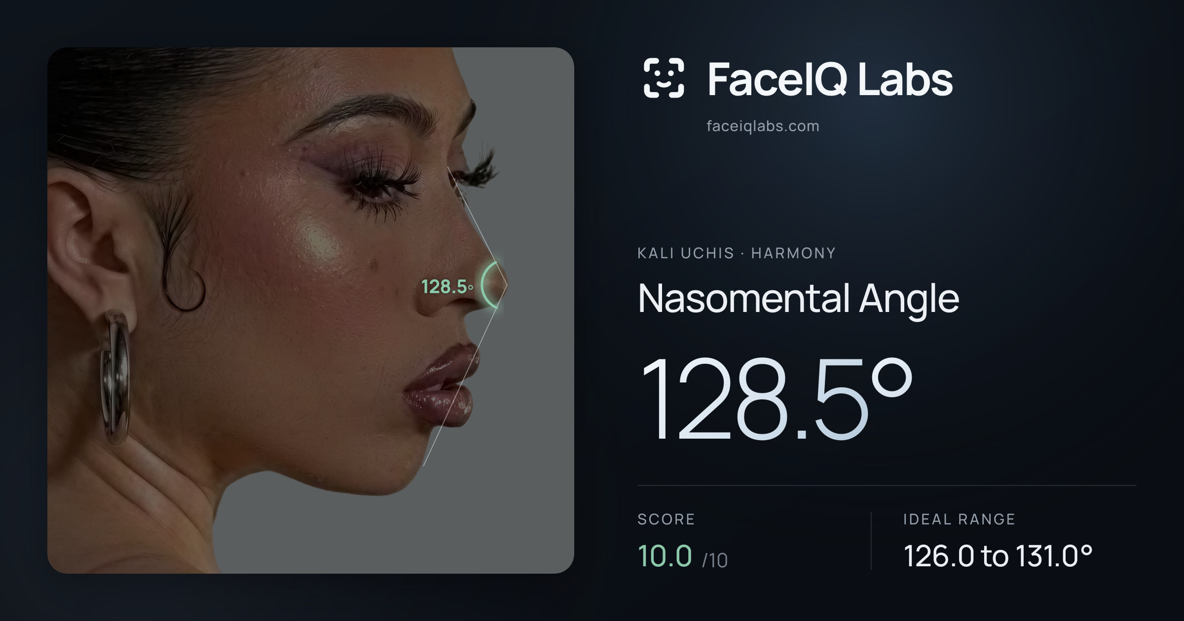 Kali Uchis Nasomental Angle: 128.5°, drawn on the photo
