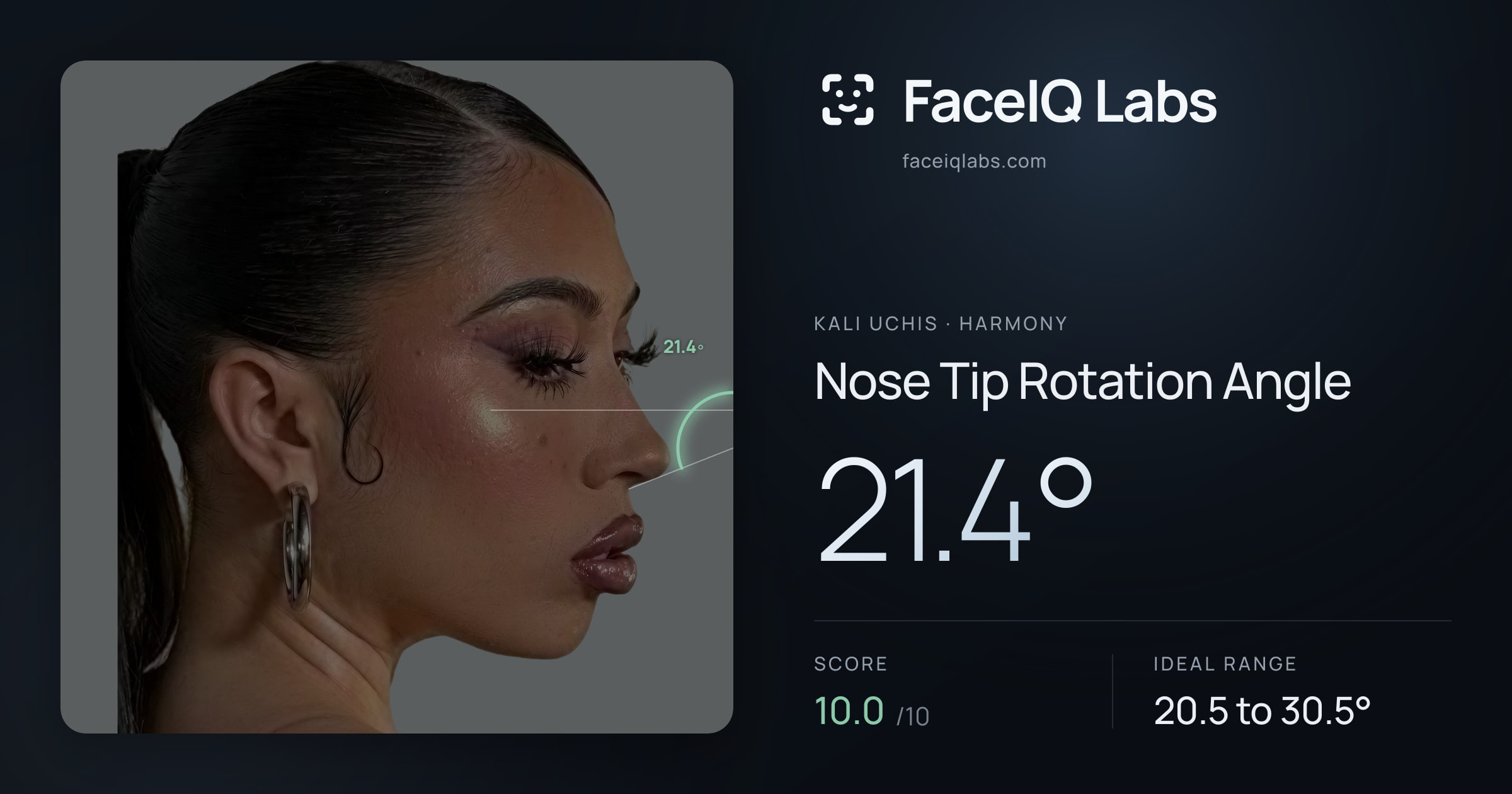 Kali Uchis Nose Tip Rotation Angle: 21.4°, drawn on the photo
