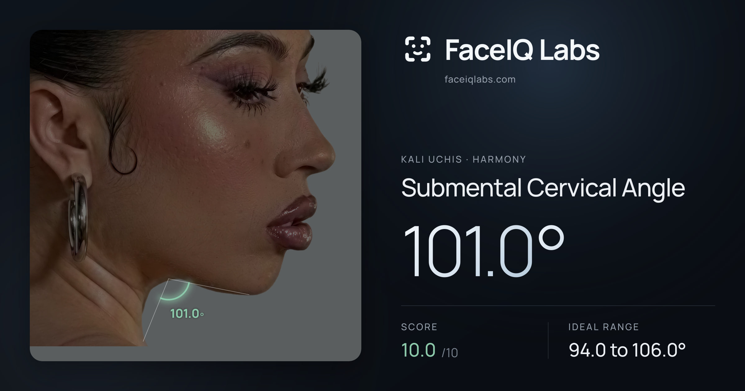 Kali Uchis Submental Cervical Angle: 101.0°, drawn on the photo