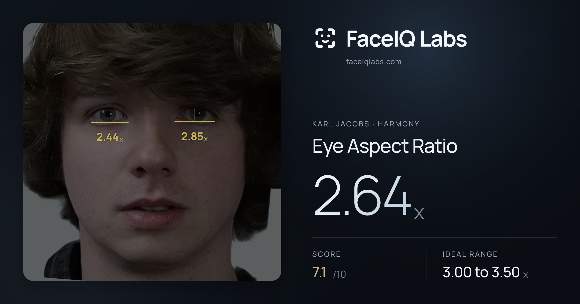 Karl Jacobs Eye Aspect Ratio: 2.64x, drawn on the photo