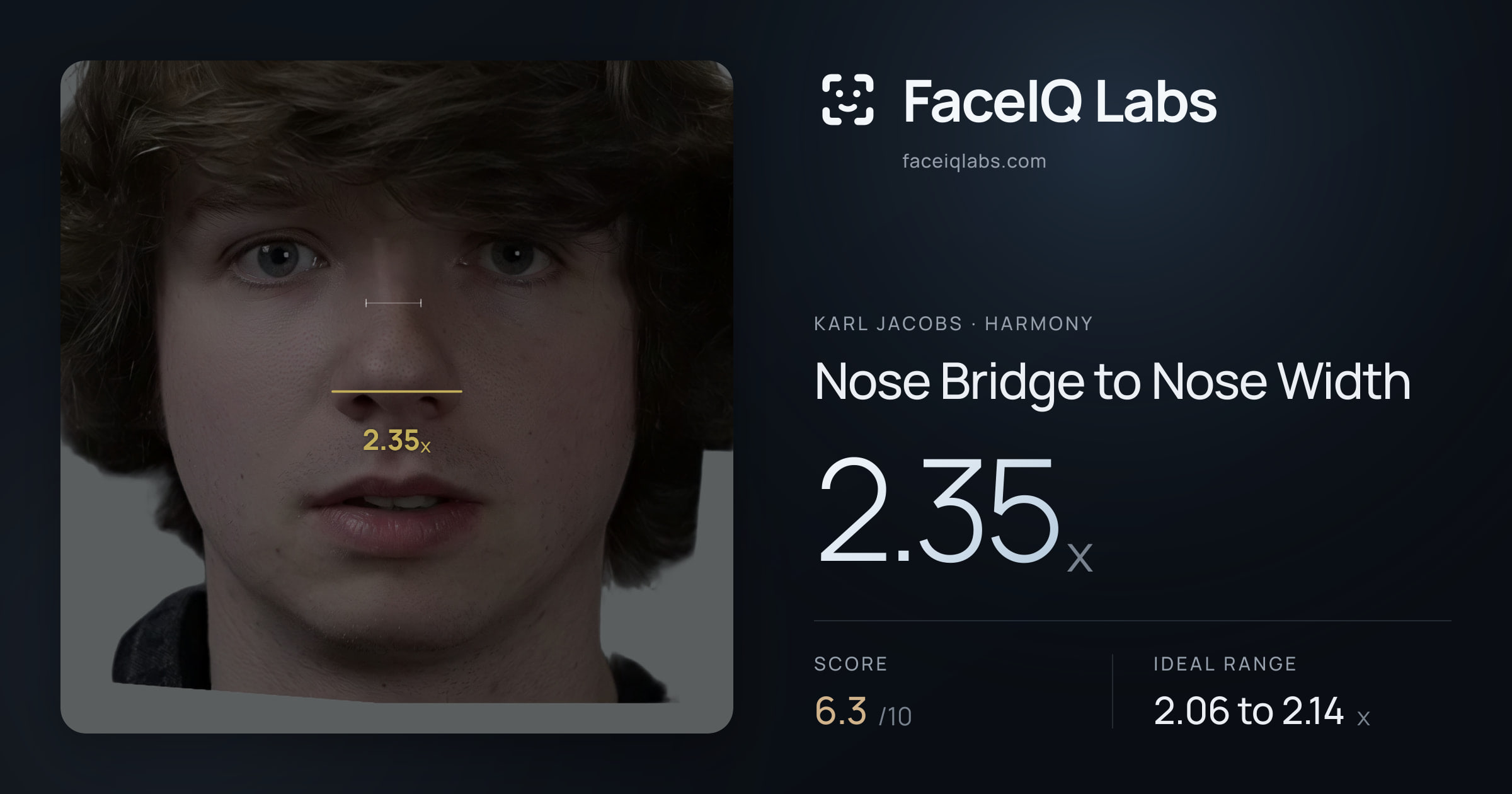 Karl Jacobs Nose Bridge to Nose Width: 2.35x, drawn on the photo