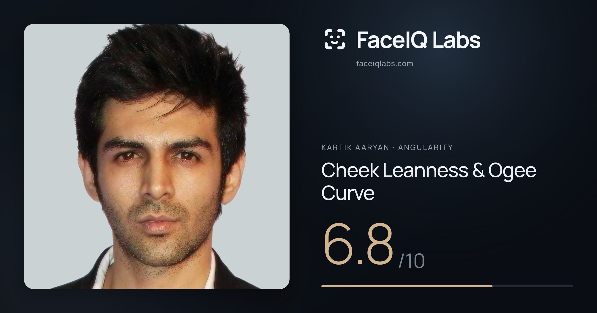 Kartik aaryan Cheek Leanness & Ogee Curve: 6.8/10, drawn on the photo