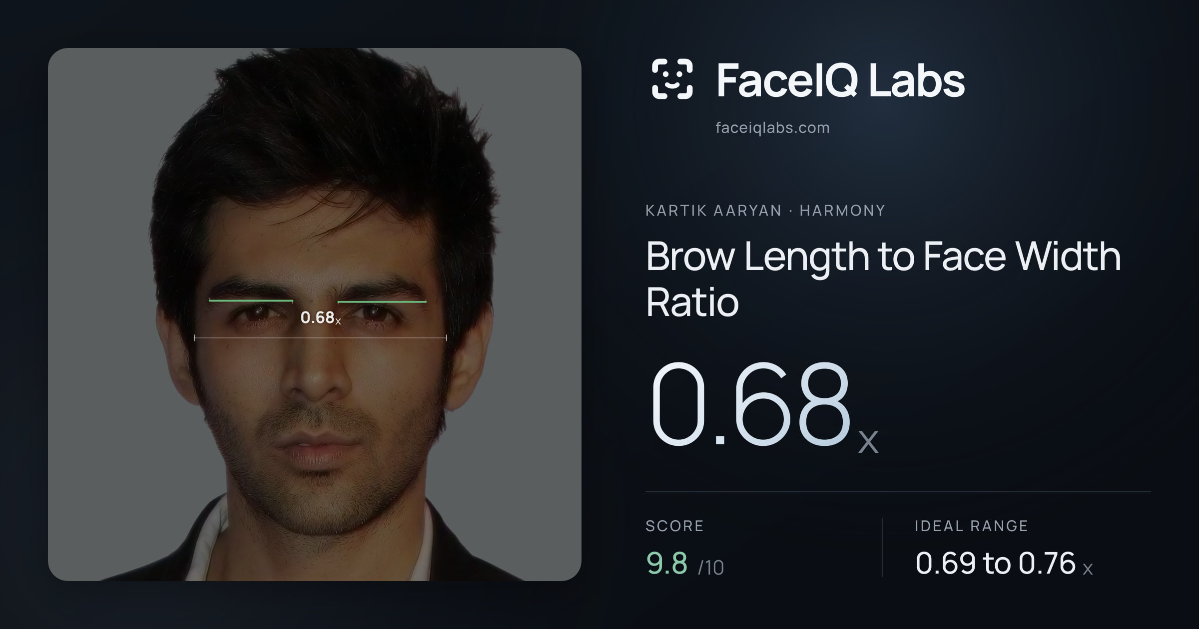 Kartik aaryan Brow Length to Face Width Ratio: 0.68x, drawn on the photo