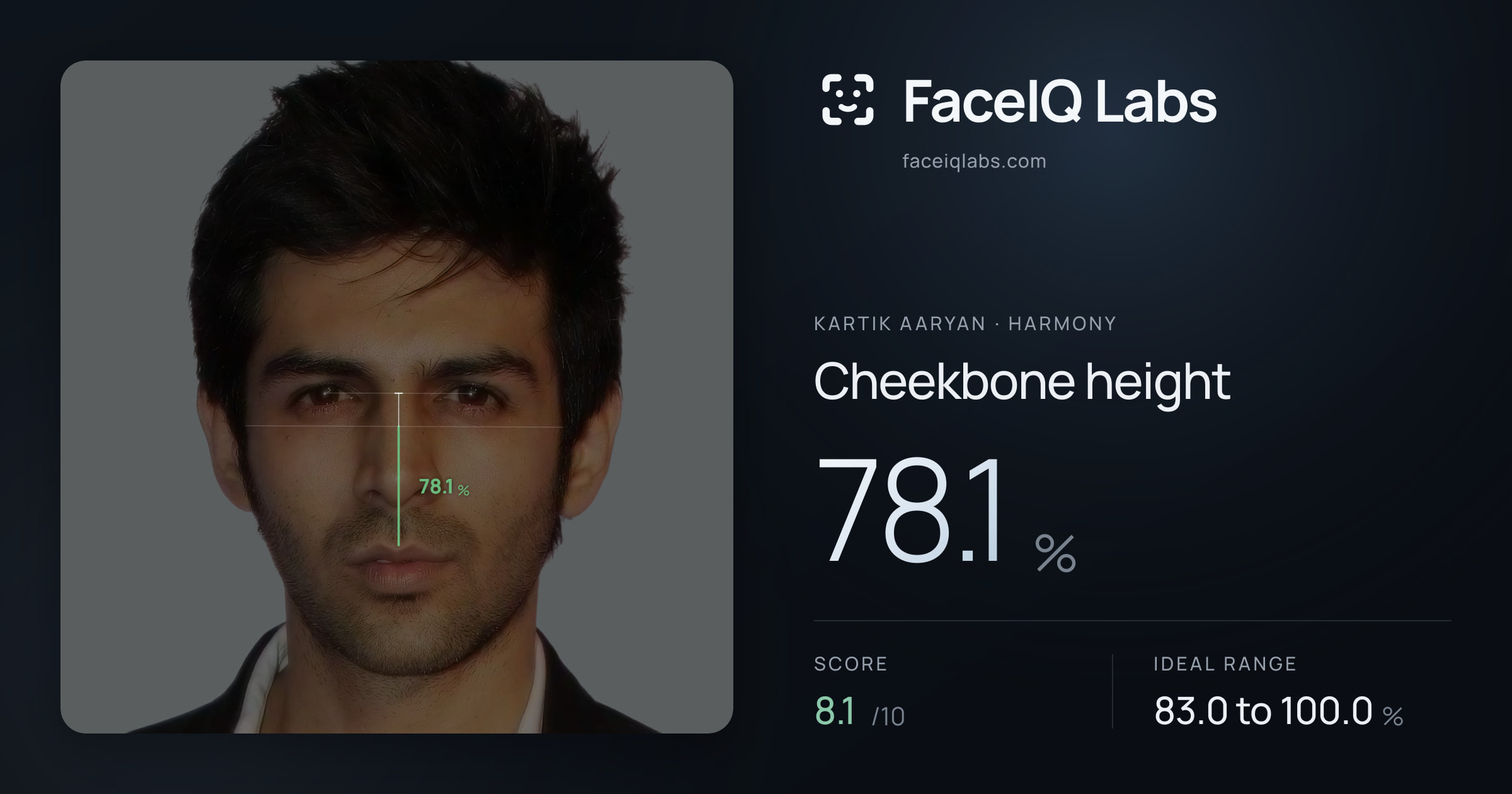 Kartik aaryan Cheekbone height: 78.1%, drawn on the photo