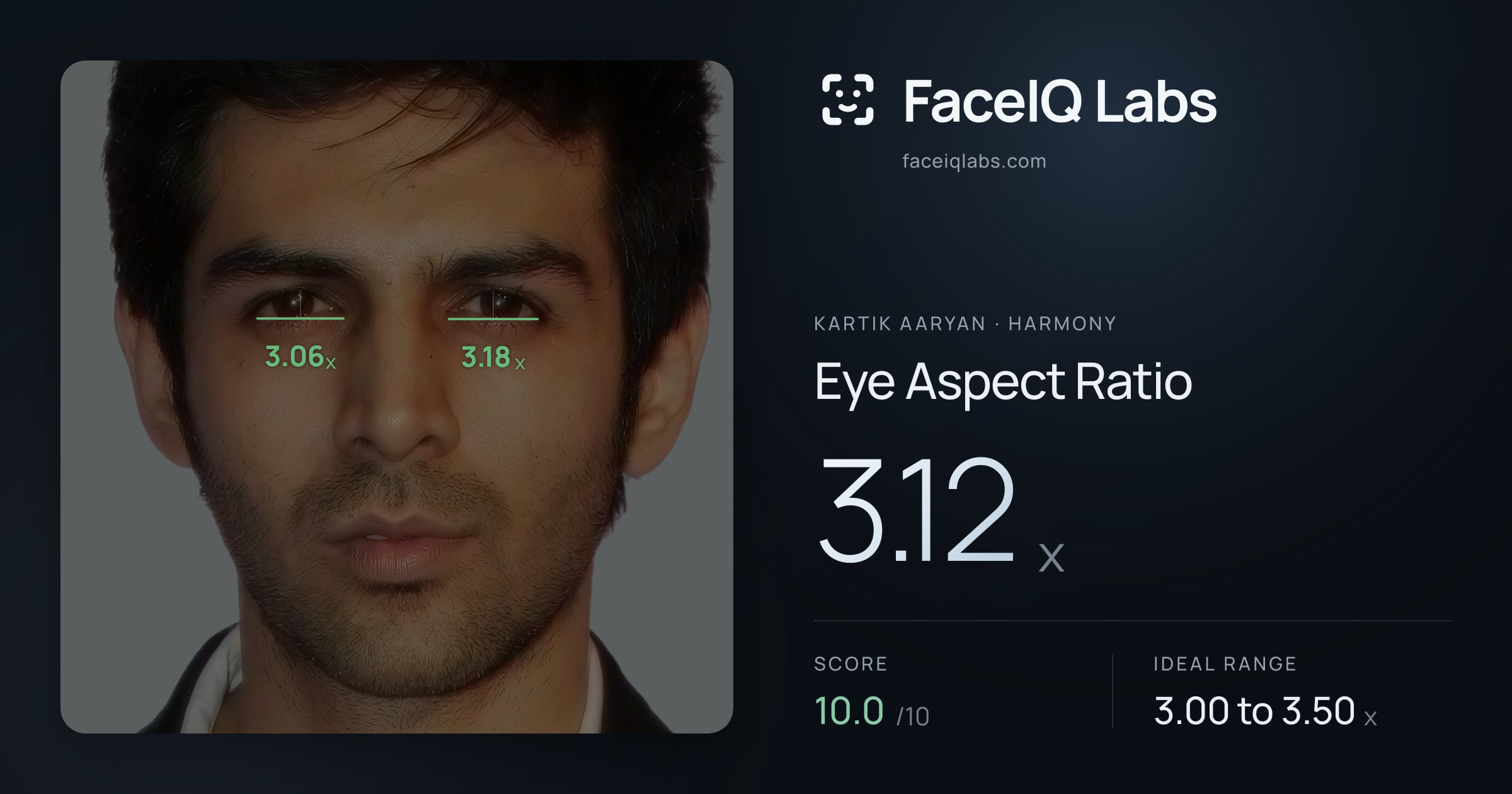Kartik aaryan Eye Aspect Ratio: 3.12x, drawn on the photo