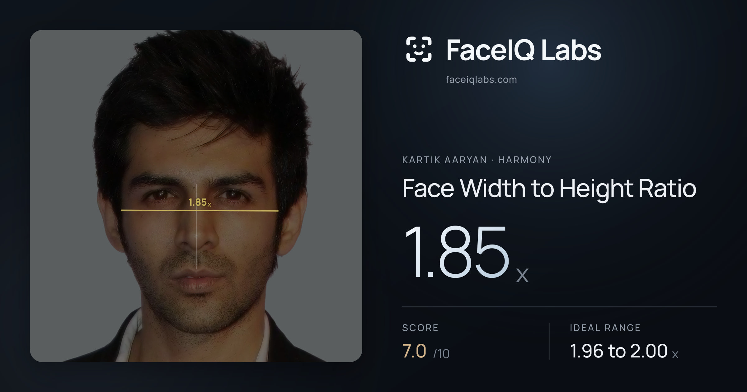 Kartik aaryan Face Width to Height Ratio: 1.85x, drawn on the photo
