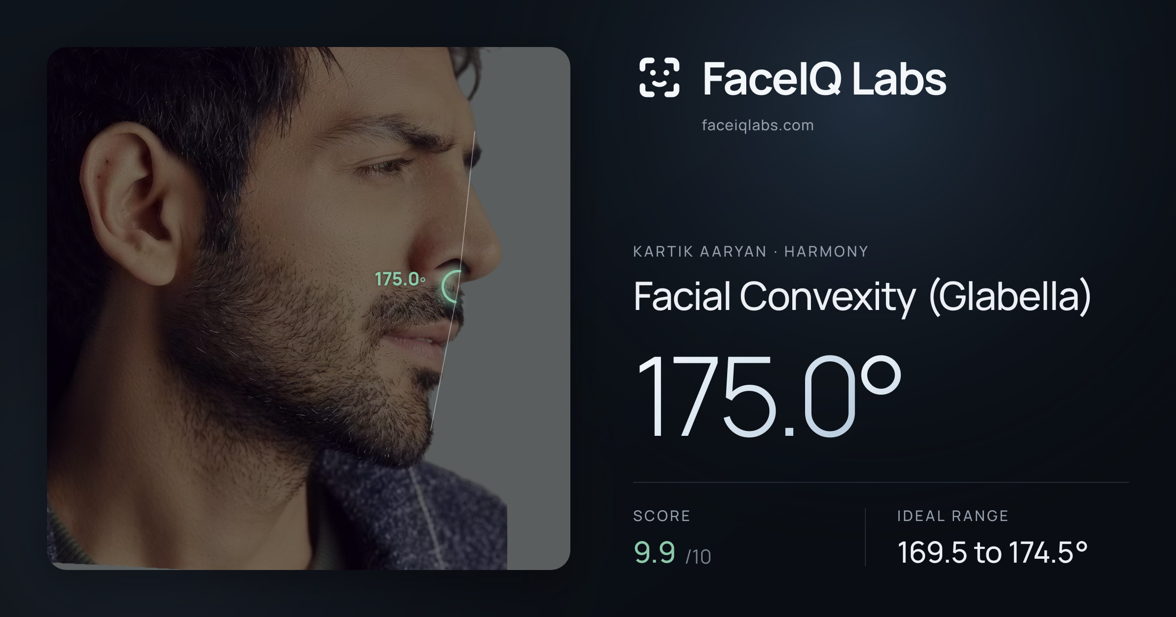 Kartik aaryan Facial Convexity (Glabella): 175.0°, drawn on the photo