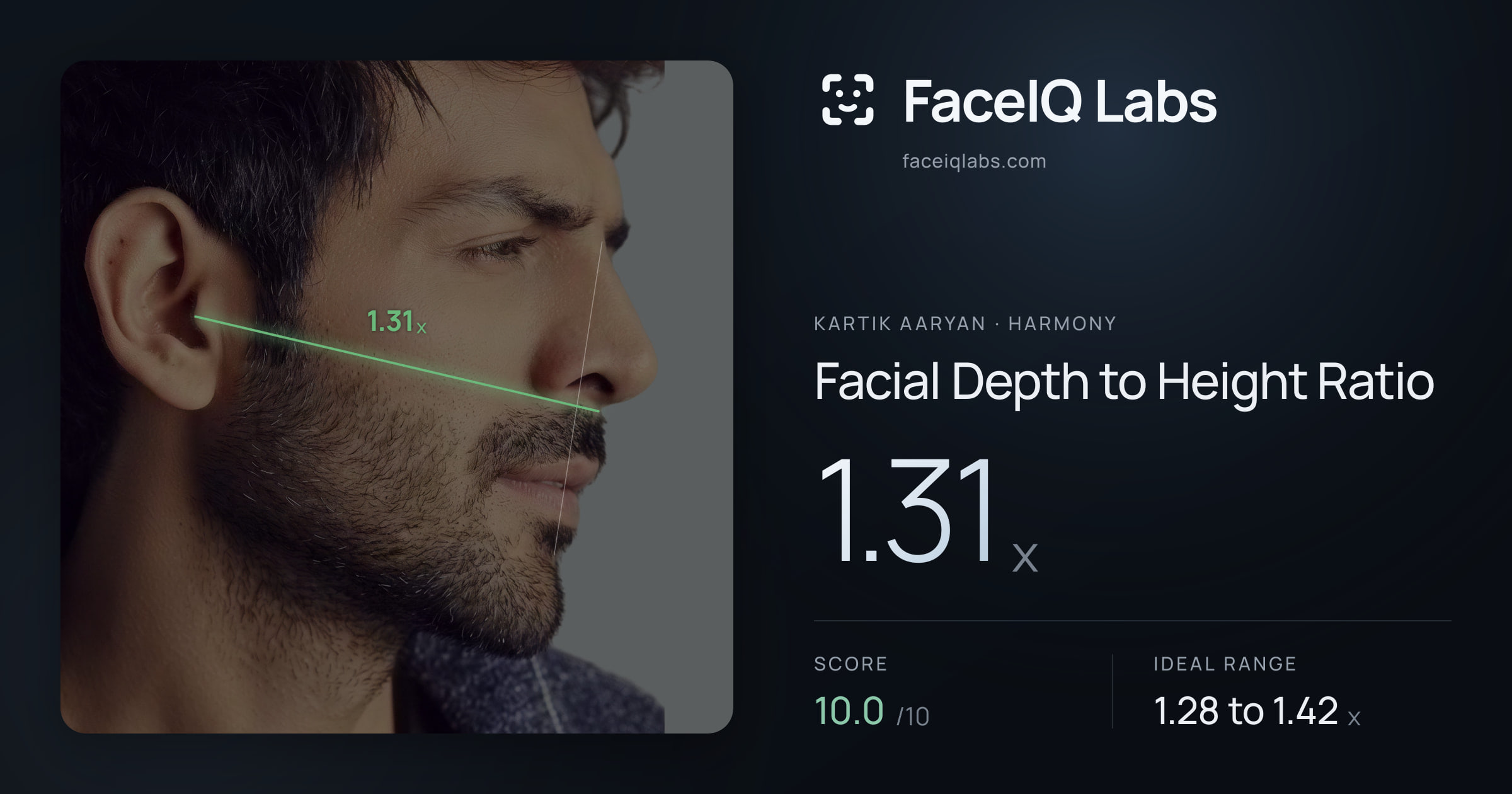 Kartik aaryan Facial Depth to Height Ratio: 1.31x, drawn on the photo