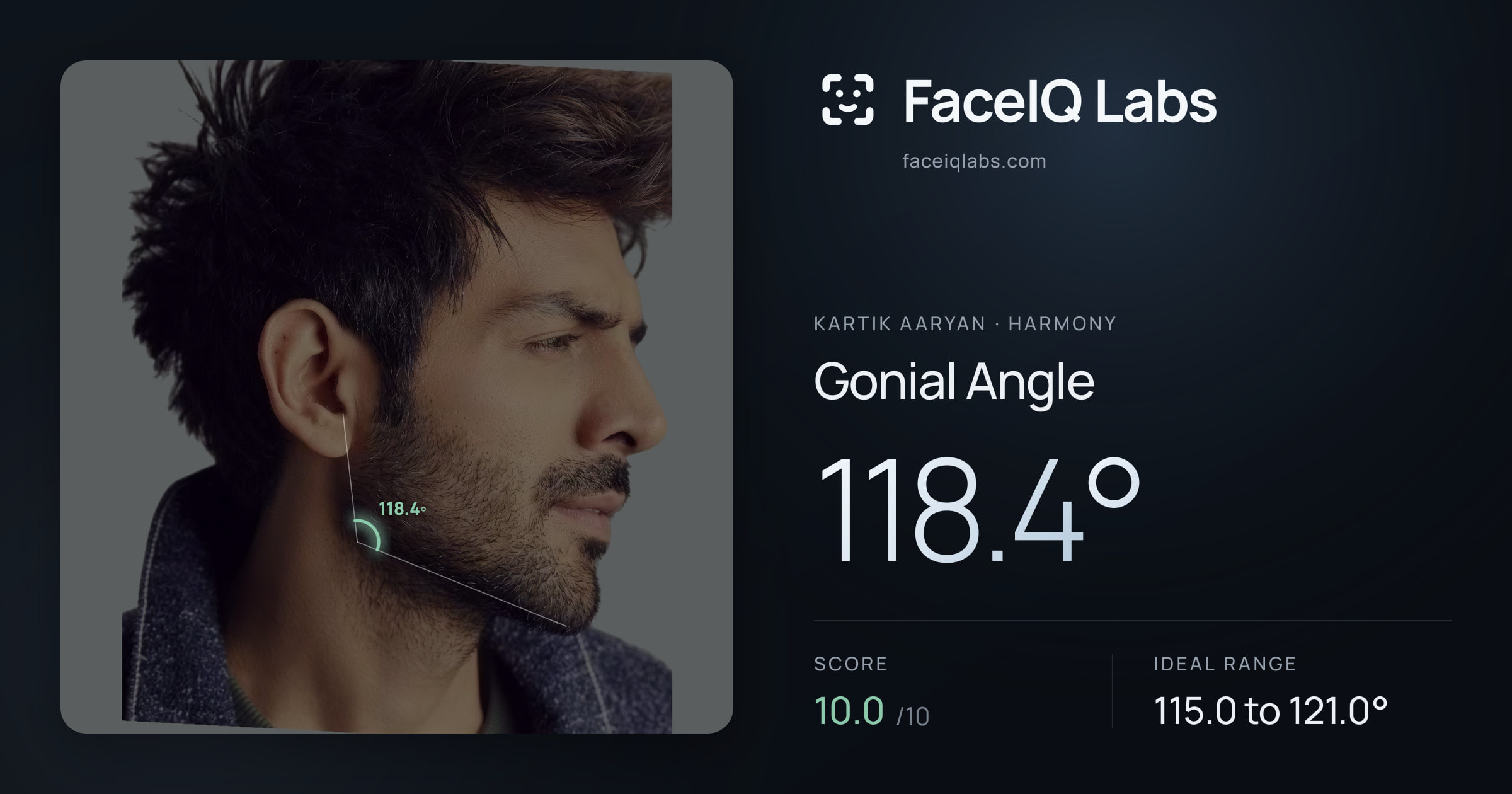 Kartik aaryan Gonial Angle: 118.4°, drawn on the photo