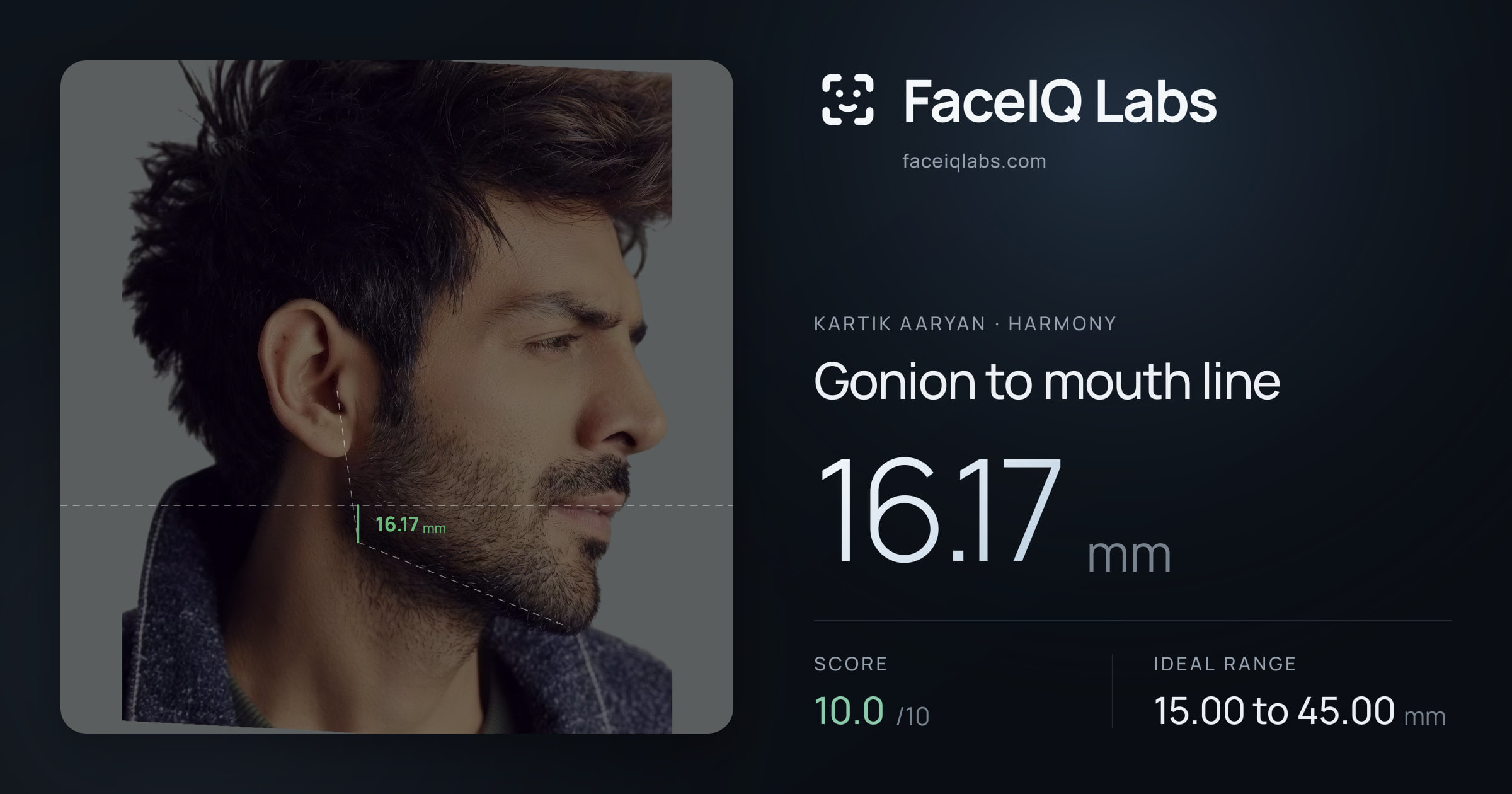Kartik aaryan Gonion to mouth line: 16.17mm, drawn on the photo