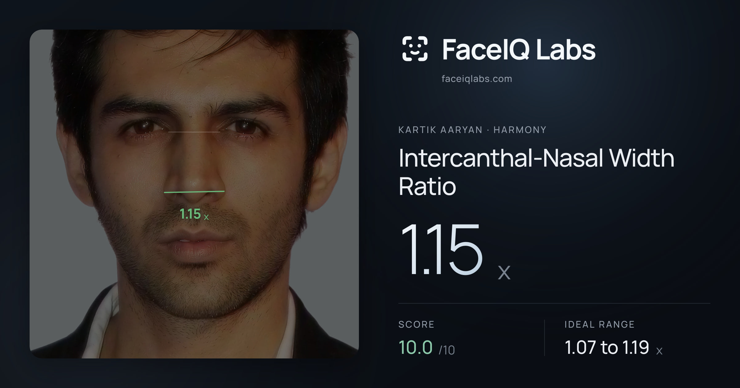 Kartik aaryan Intercanthal-Nasal Width Ratio: 1.15x, drawn on the photo