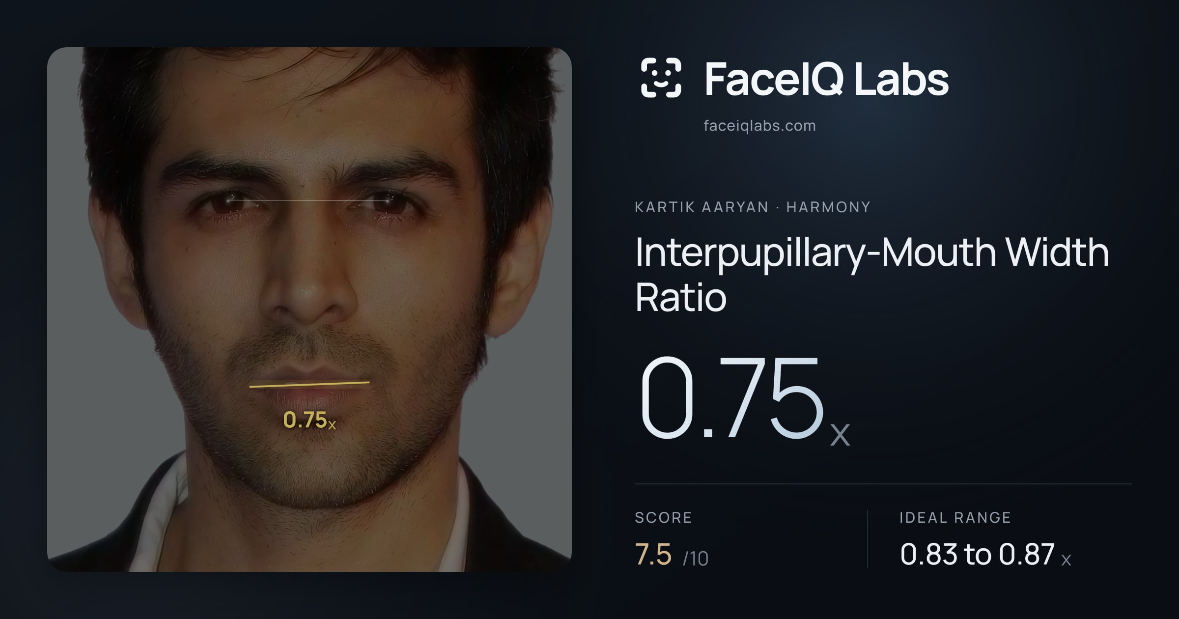 Kartik aaryan Interpupillary-Mouth Width Ratio: 0.75x, drawn on the photo