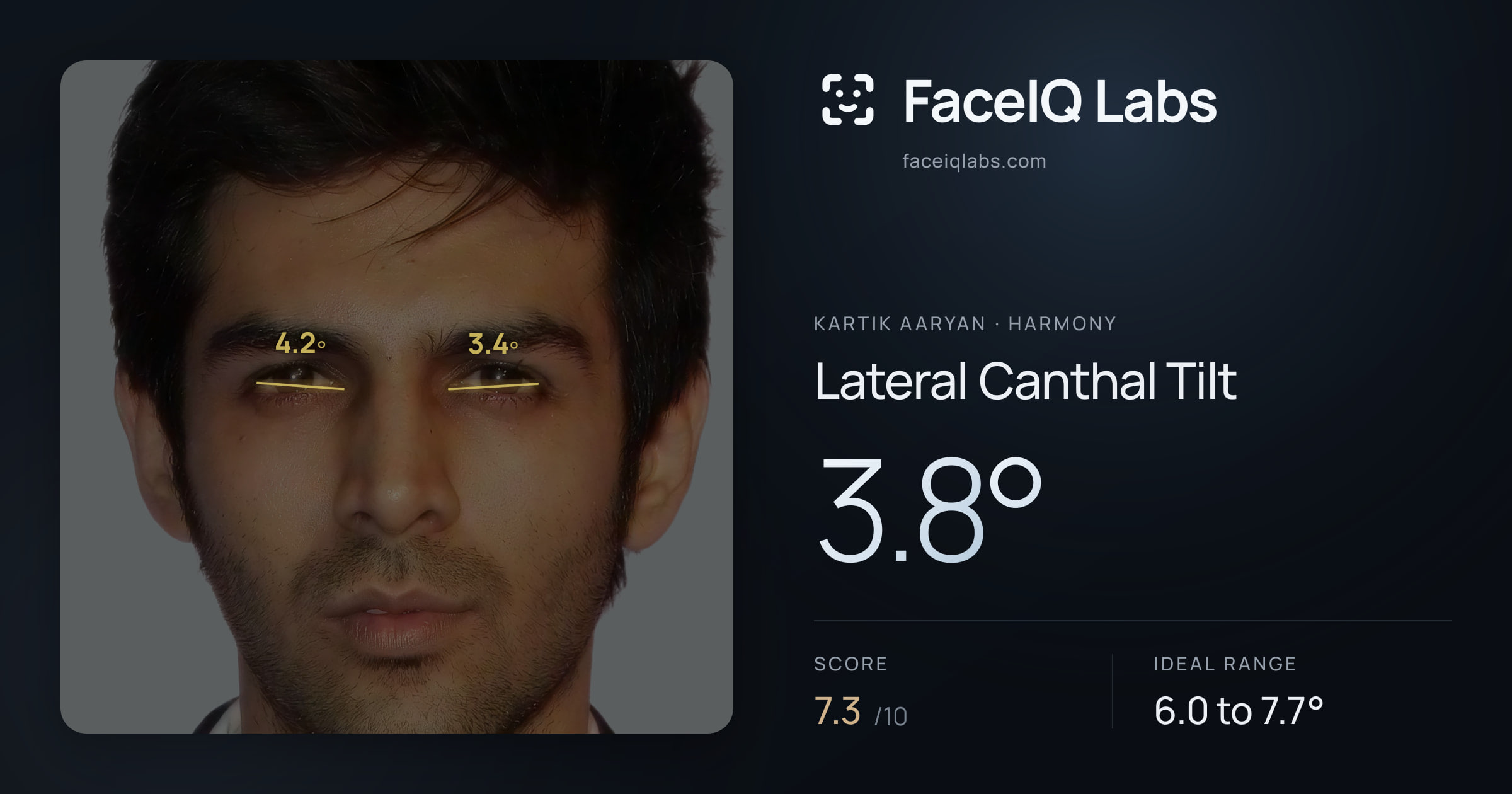 Kartik aaryan Lateral Canthal Tilt: 3.8°, drawn on the photo