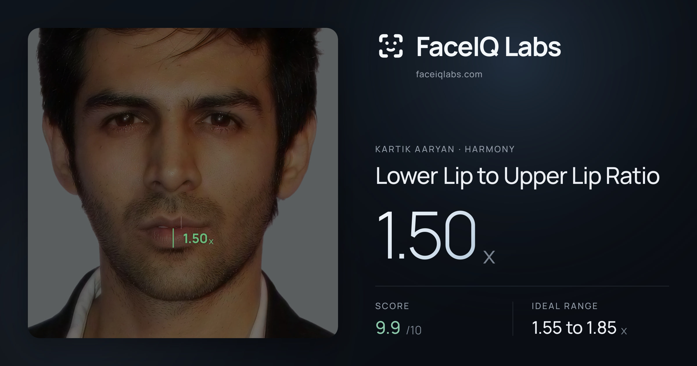 Kartik aaryan Lower Lip to Upper Lip Ratio: 1.50x, drawn on the photo