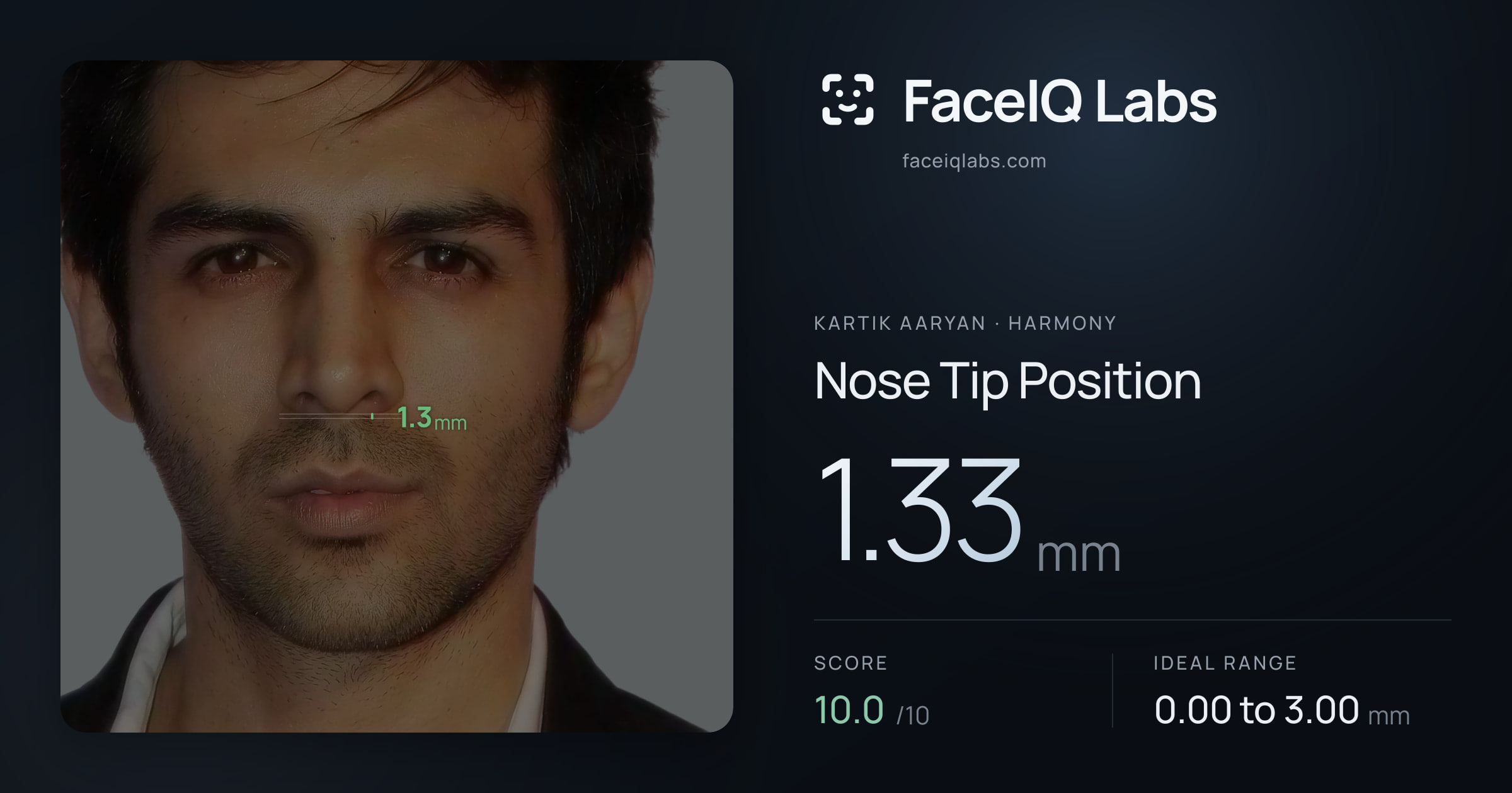 Kartik aaryan Nose Tip Position: 1.33mm, drawn on the photo
