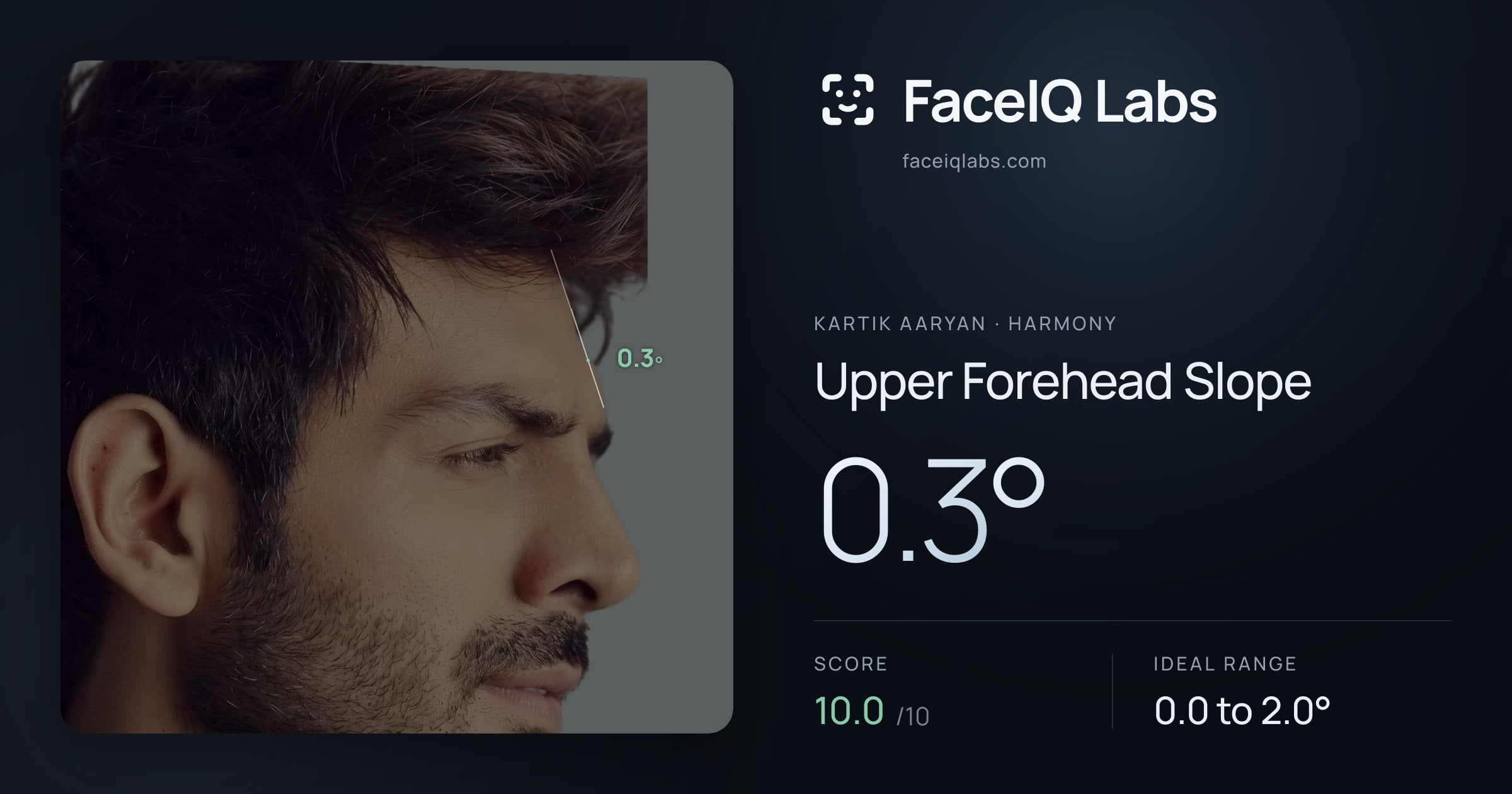 Kartik aaryan Upper Forehead Slope: 0.3°, drawn on the photo